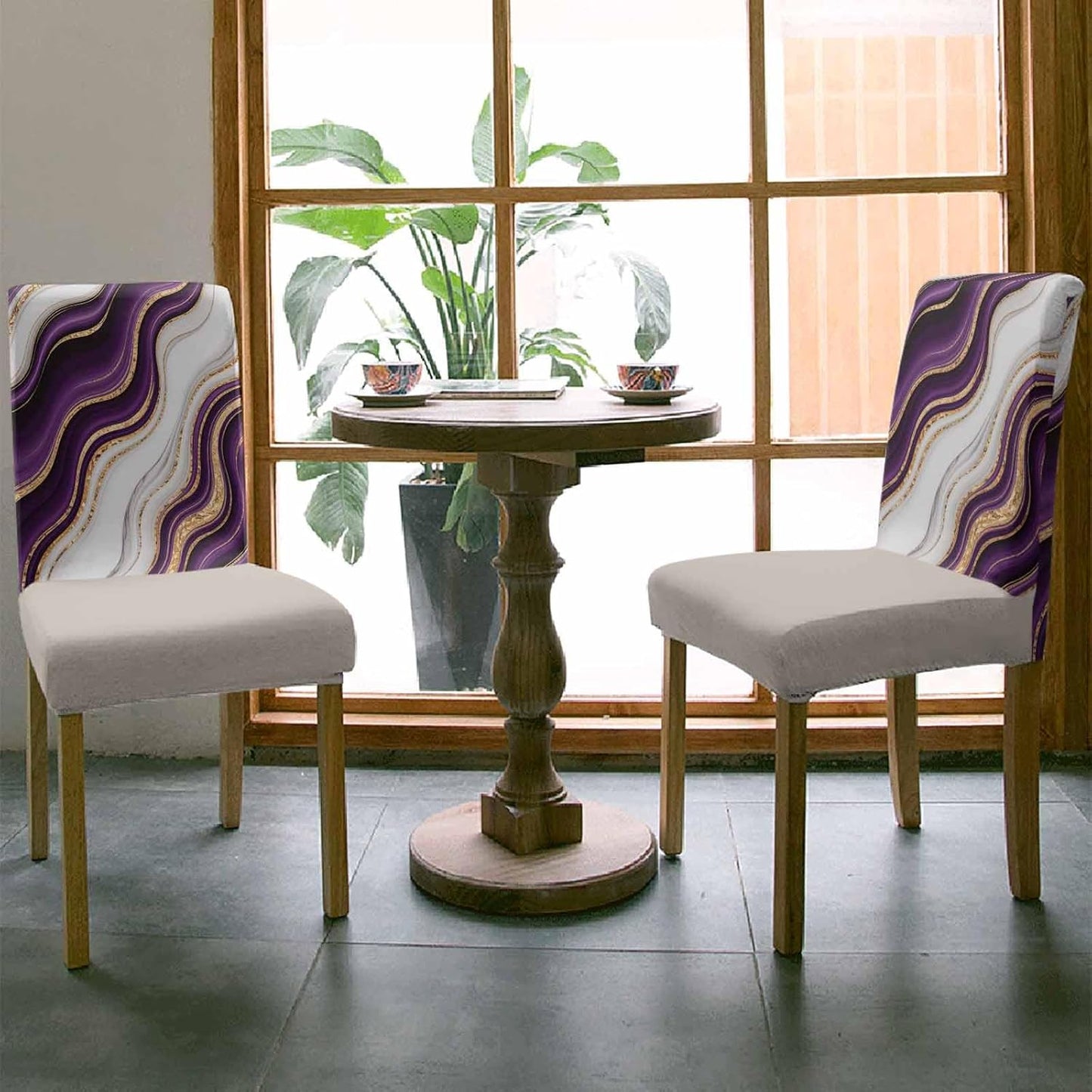 6 Pcs Dining Chair Covers Stretch Spandex Slipcovers Purple Marble Gold Inlay Removable Washable Dining Room Seat Cover Cushion Protector for Home Hotel Banquet Decor Abstract Geometric Stripes