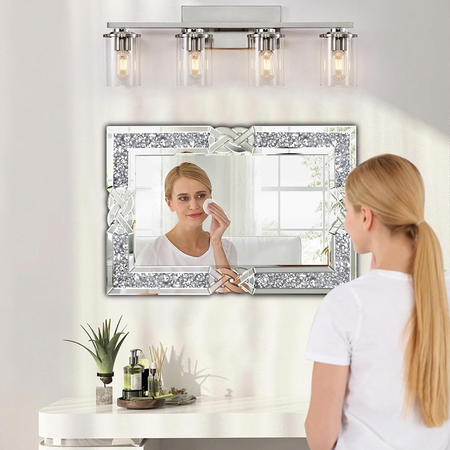Crushed Diamond Decorative Wall Mirrors, 24x36 Inch Rectangle Living Room Mirrors for Wall Decor, Modern Glam Bathroom Dining Room Entryway Mirror Silver