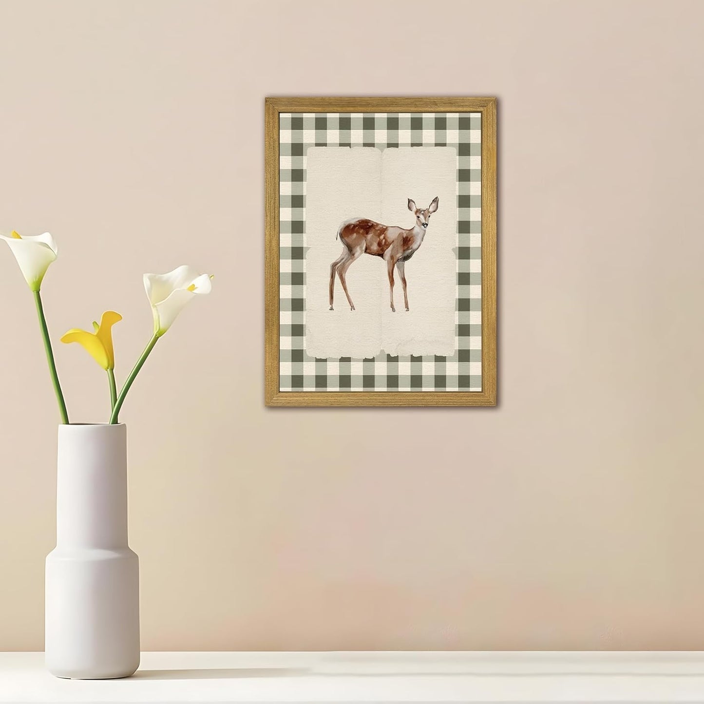 Wood Framed Deer Wall Art Print, Woodland Baby Deer Canvas Poster Wall Decor, Vintage Rustic Green Gingham Farmhouse Animal Picture for Living Room Kitchen Bedroom Nursery Decor, 16x24 inch