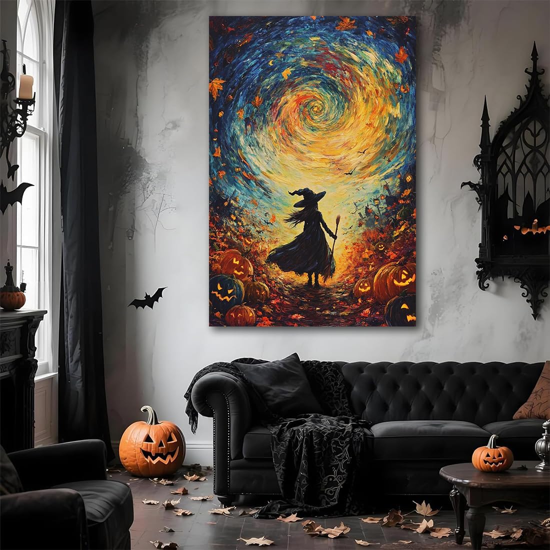 Halloween Autumn Witchy Decor Wall Art Prints,Gothic Witch in Whirlwind Autumn with Pumpkins Scene Pictures Poster,Fall Festival Home Decor Painting Canvas Poster for Bedroom Bathroom,8"x12" Framed