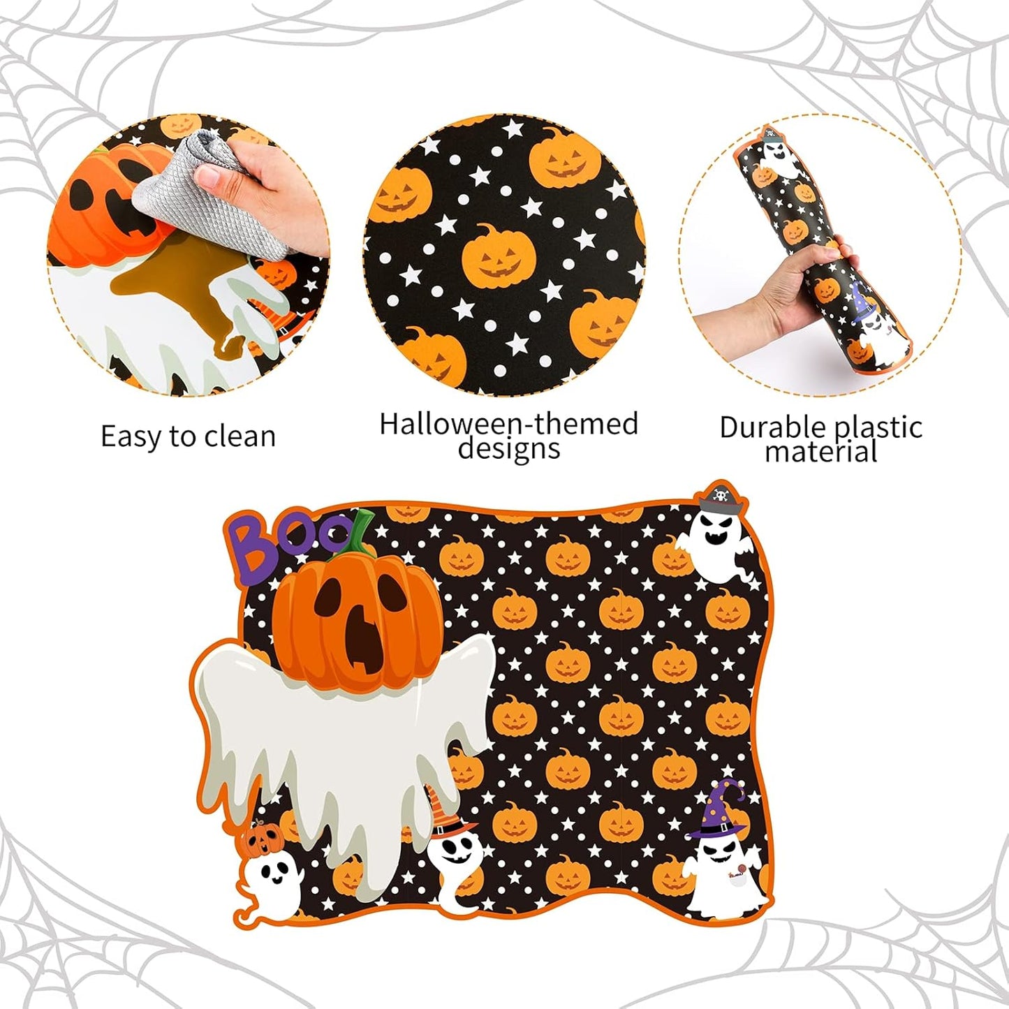 MCEAST 6 Pack Halloween Plastic Placemats Halloween Pumpkin Spider Ghost Waterproof Table Mats Assorted 6 Styles Halloween Party Table Decorations for Home Kitchen Dining, 16 x 12 Inches
