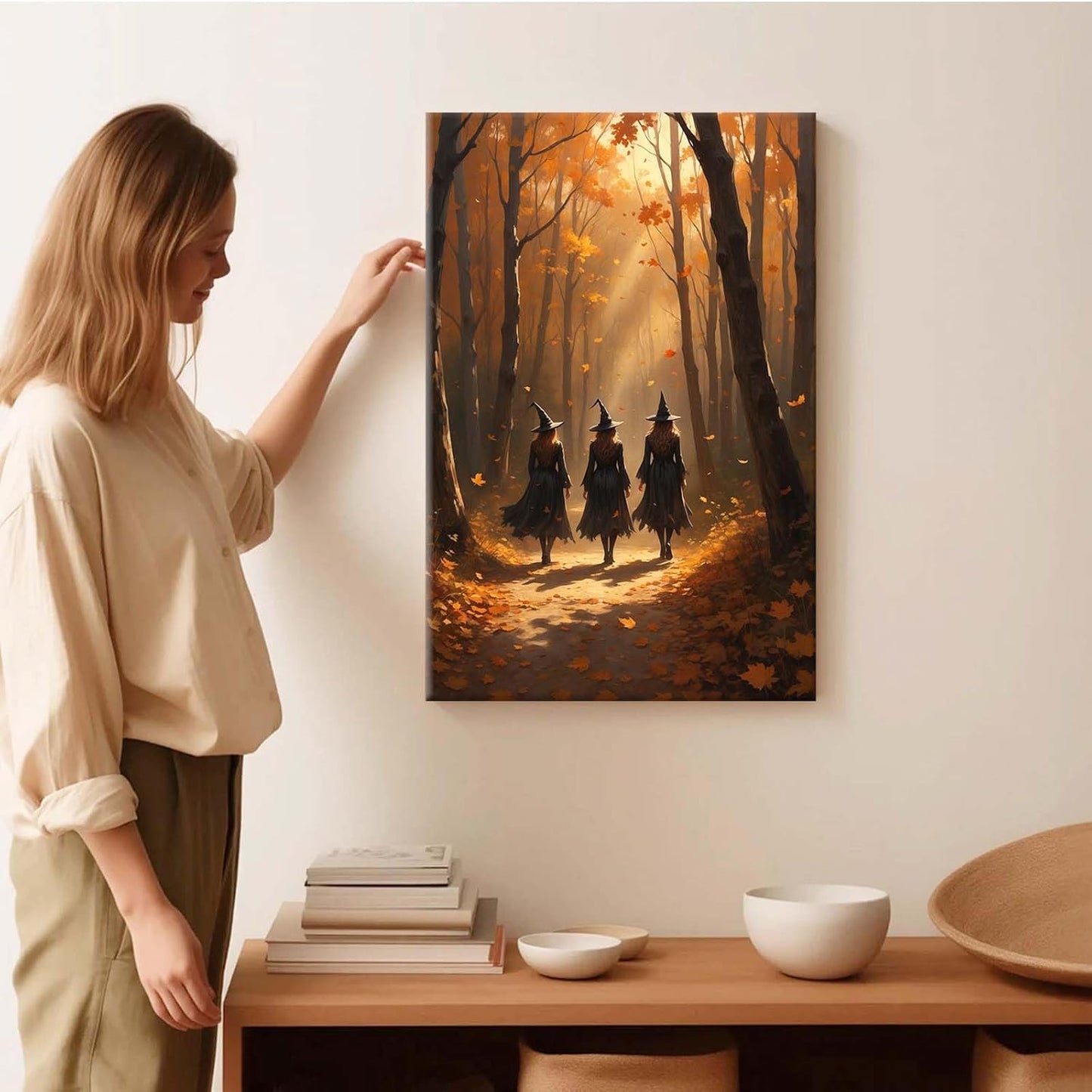 JFHCQJPK Three witches walking in the forest in autumn canvas painting gothic poster halloween print country witch wall art for home decoration16x24in Frameless