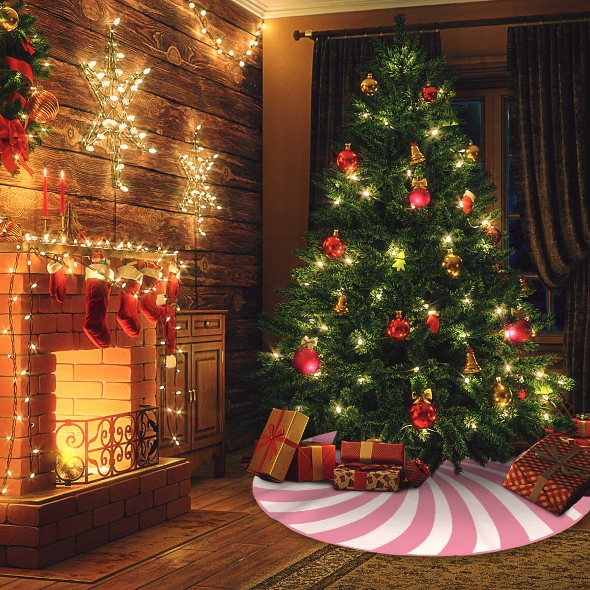 Swirl Stripe Christmas Tree Skirt 48 inches Sweet Candy Cane Pink Christmas Decorations Xmas Tree Mat Holiday Party Home Decorations (Pink, 48in)