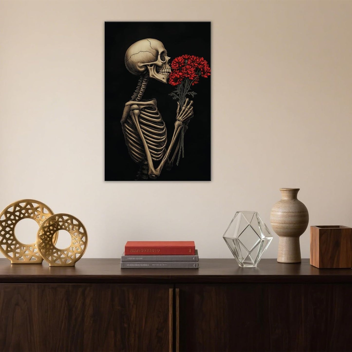 OAAPITI Red Rose Skull Wall Art Dark Themed Skeleton Painting Modern Artwork for Gothic Home Decor(Artwork-5,20"x30")
