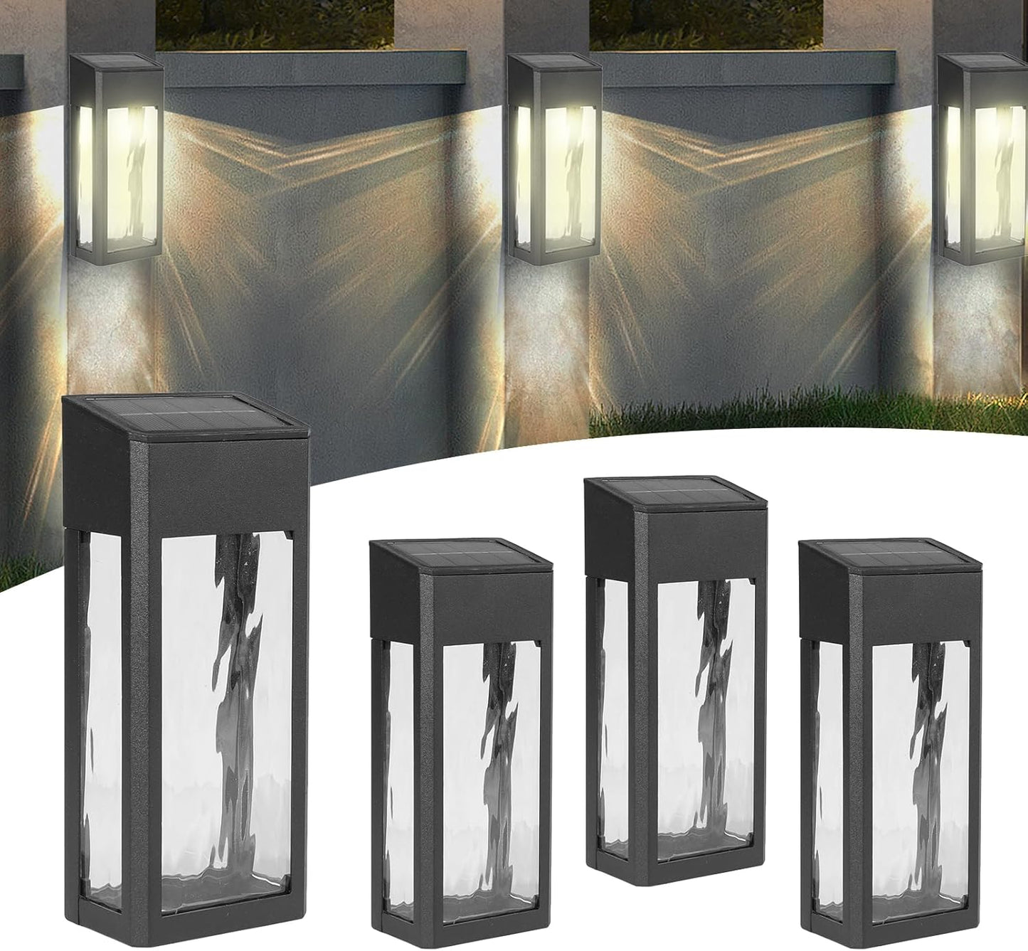 Solar Outdoor Lights, 4 Pack Textured Glass Solar Wall Lights for Yard, Fence, Porch and Garage with 2 Modes, Body in Aluminum and Waterproof