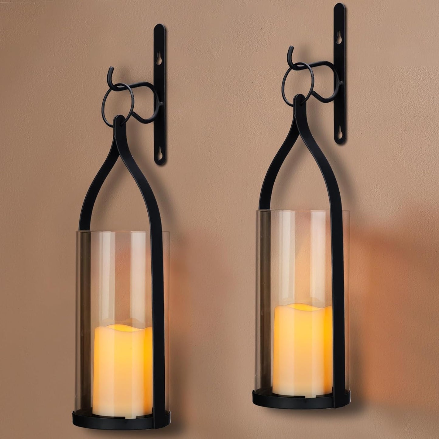 Metal Wall Sconce Candle Lantern Set of 2 - Black Wall Mounted Hanging Holder with Glass & Candles Vintage Wall Decor for Porch, Living Room, Dining Room, Bedroom Indoor Decor