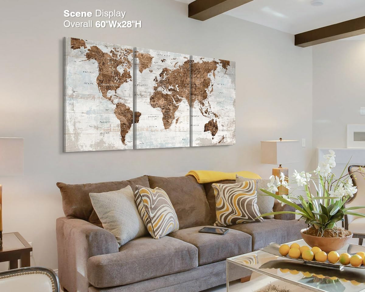 Office Wall Art Canvas World Map Motivational Wall Decor Living Room Vintage Pictures for Dining Room Home Man Global Artwork 60" X 28"
