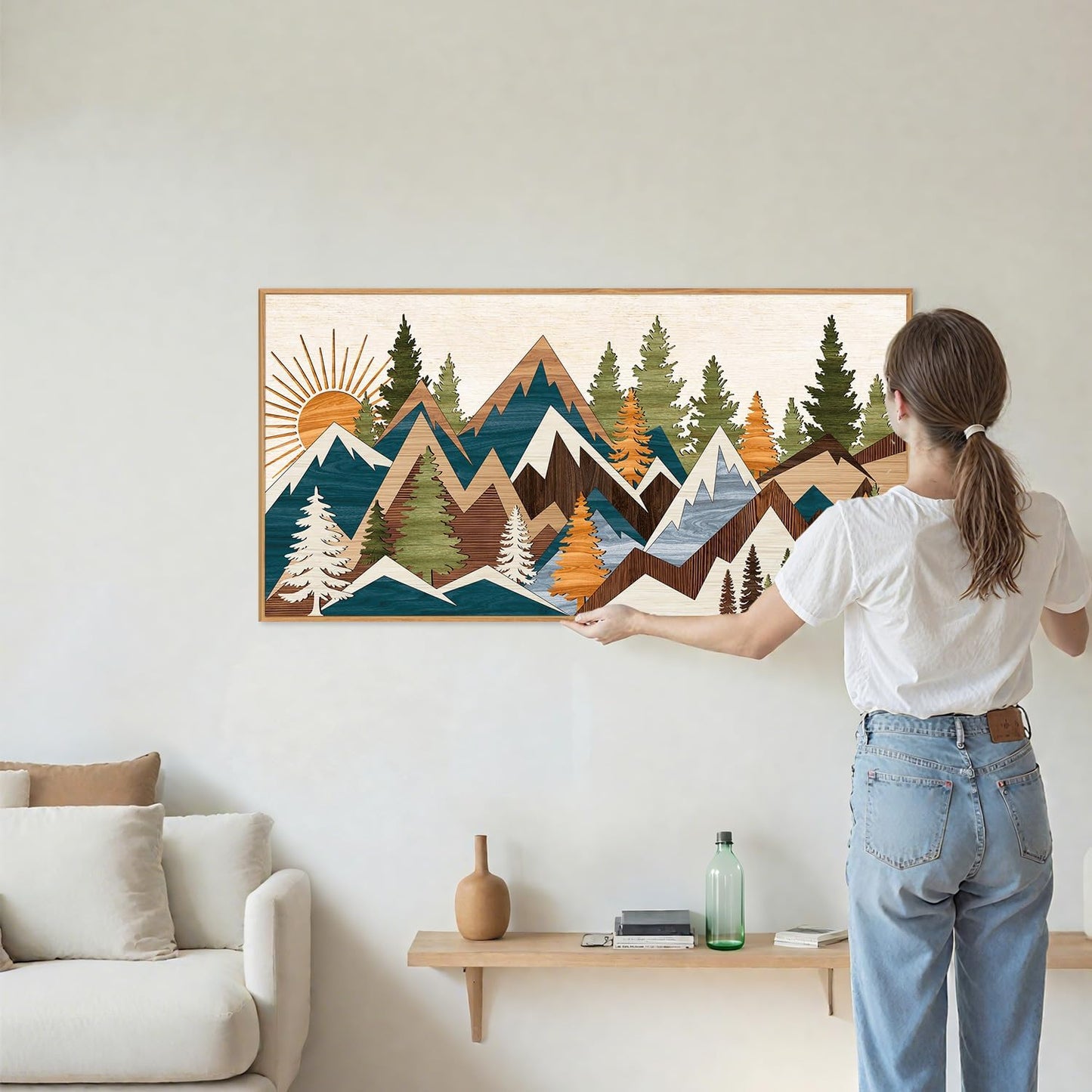 Tinonedraw Large Metal Mountain Framed Canvas Wall Art, Boho Rustic Sunrise Forest Wall Decor, 3 Piece Vintage Nature Artwork, Modern Wilderness Art Print for Living Room Bedroom Office 20"x40"