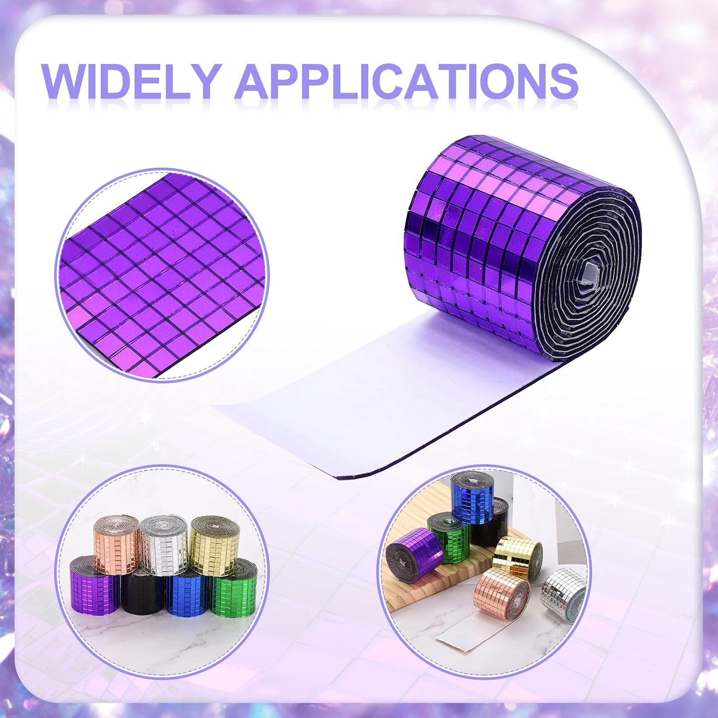 MECCANIXITY Self Adhesive Glass Mirror Mosaic Tiles 3200 Pcs 5 x 5 mm Disco Tiles for Craft Decoration Glass Mirror Disco Ball 2 Rolls (Purple/Silver)