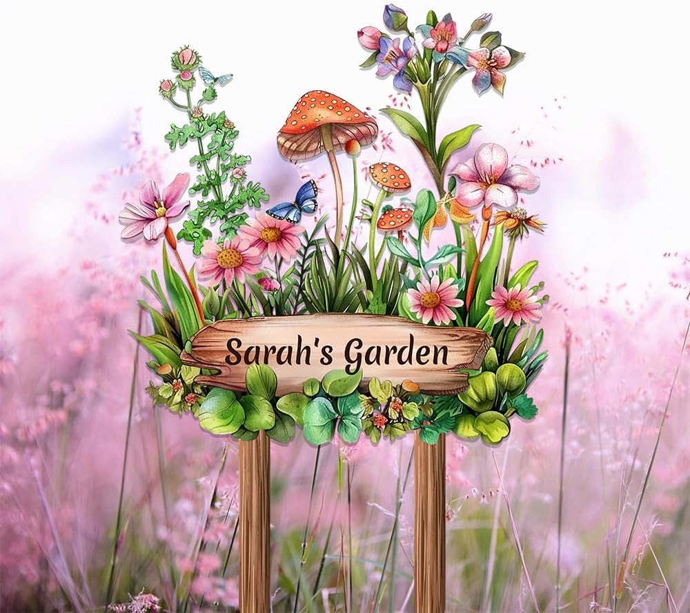 Personalized Mushroom Metal Sign with Stake,Custom Gardener Last Name Signs Outdoor Decoration,Customized Flowers Garden Accessories Decor for Grandma,Butterfly Plaques for Patio Lawn Porch Backyard
