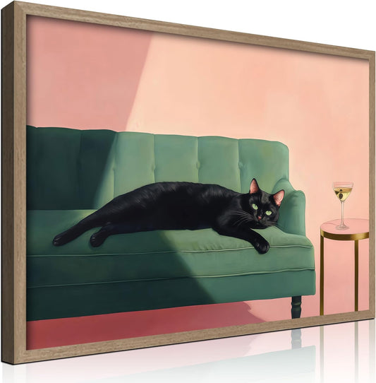 Wood framed black cat wall art modern style canvas print lazy black cat poster picture decoration painting gallery style artwork suitable for living room bedroom decoration 16x24 inch
