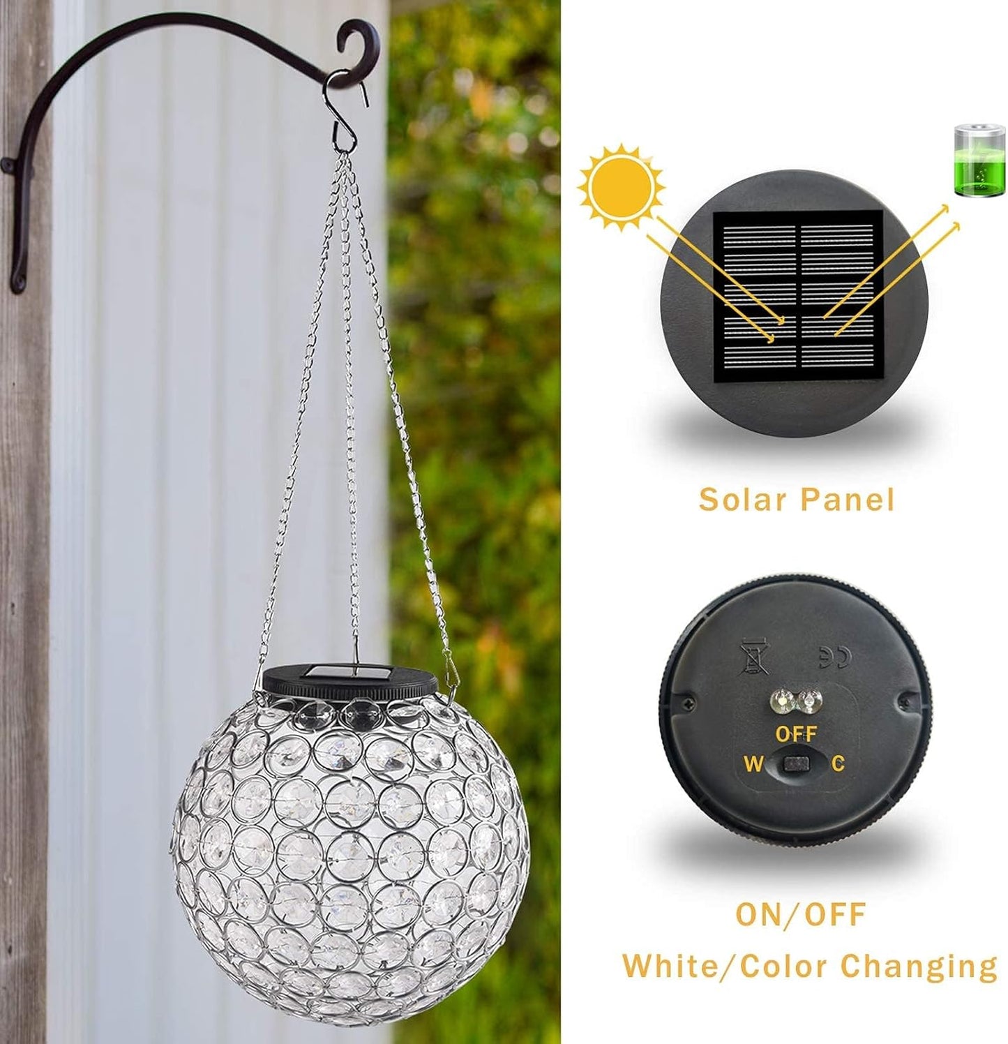 Solar Lantern Hanging Outdoor Christmas Decorative, Dual LEDs Dia 7.5‘’ Color Changing and Cool White Crystal Globe Hanging Lights Waterproof with S Hooks Decor in Garden, Pathway, Front Door-Clear