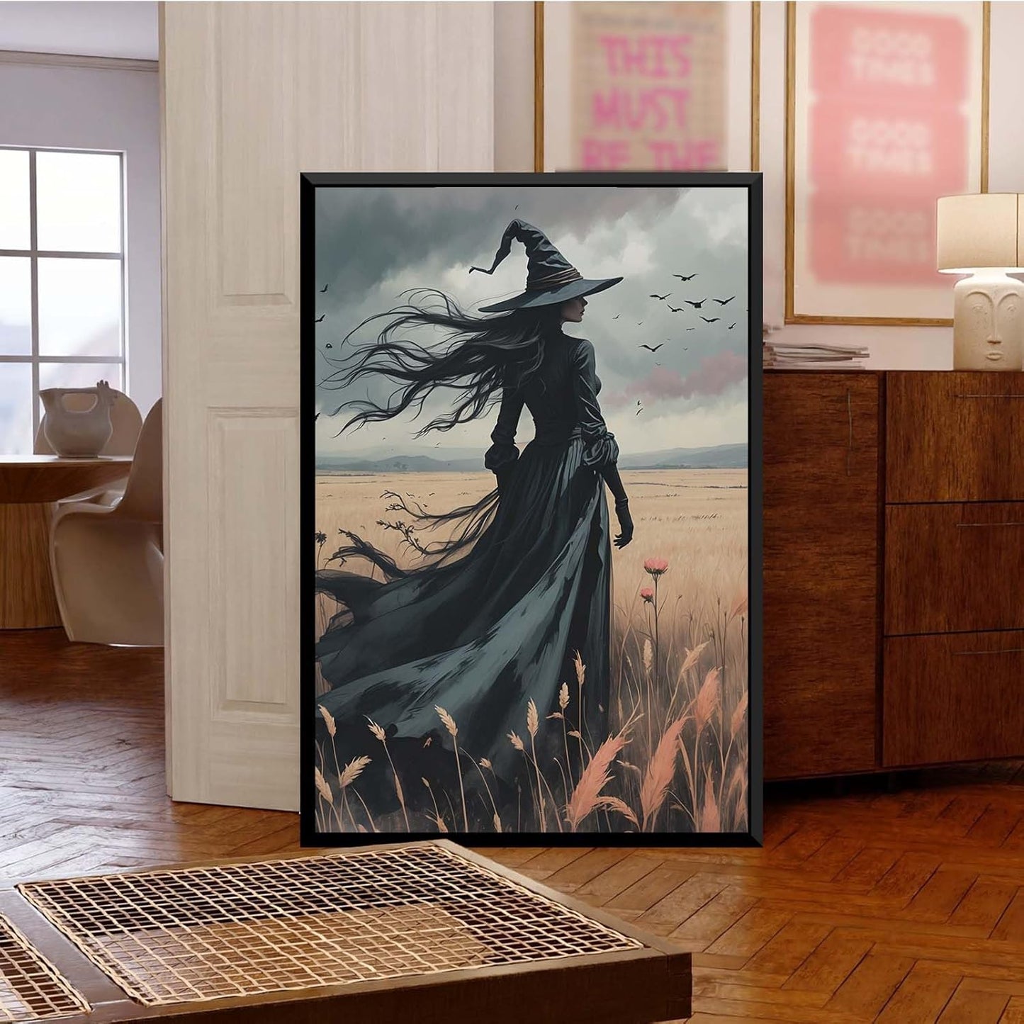 JFHCQJPK Gothic Decor Canvas Wall Art Witch in Rice Field Halloween Art Decor Print Nature Print Victorian Home Bedroom24x36in Metal blackFramed