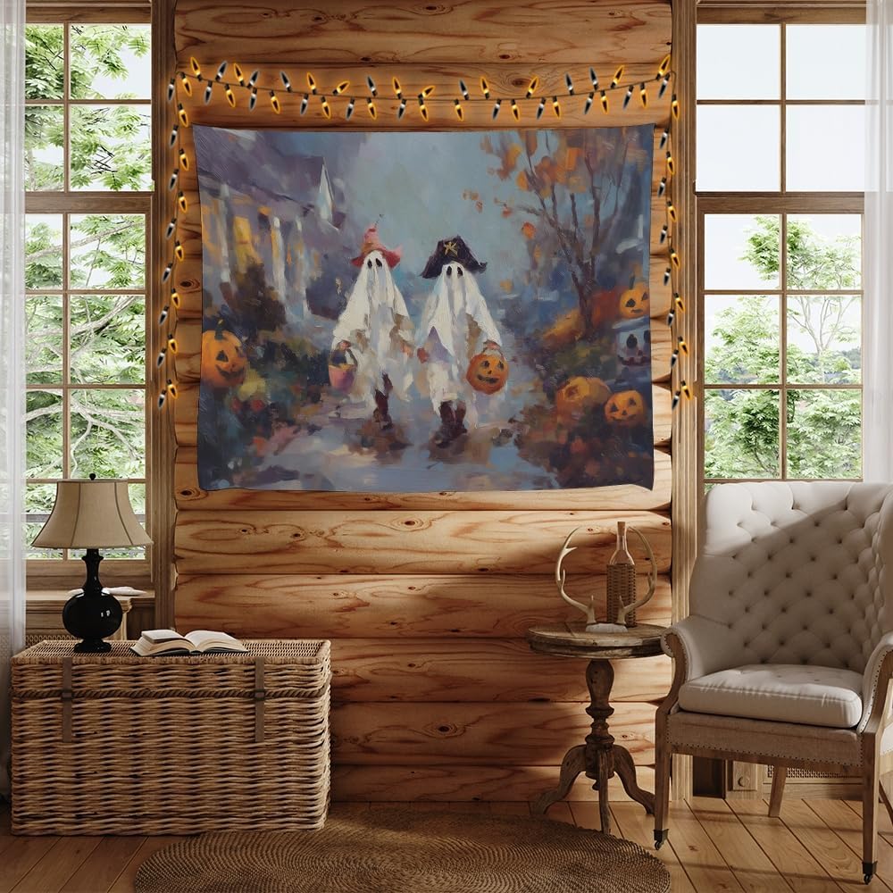 Funny Halloween Ghost Tapestry Wall Hanging Cute Kids Nursery Room Decor Trick or Treat Art Print Goth Fall Pumpkin Ghost Tapestries for Living Room Bedroom wall Decor 30x40inch