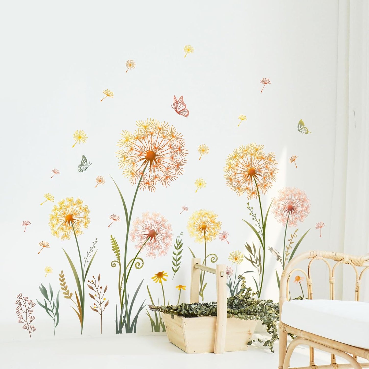Dandelion Flower Butterfly Wall Decals Gold Dandelion Plants Floral Wall Stickers Peel and Stick Vinyl Wall Art Decor for Living Room Bedroom Office TV Sofa Backdrop Home Decor Gifts for Mom