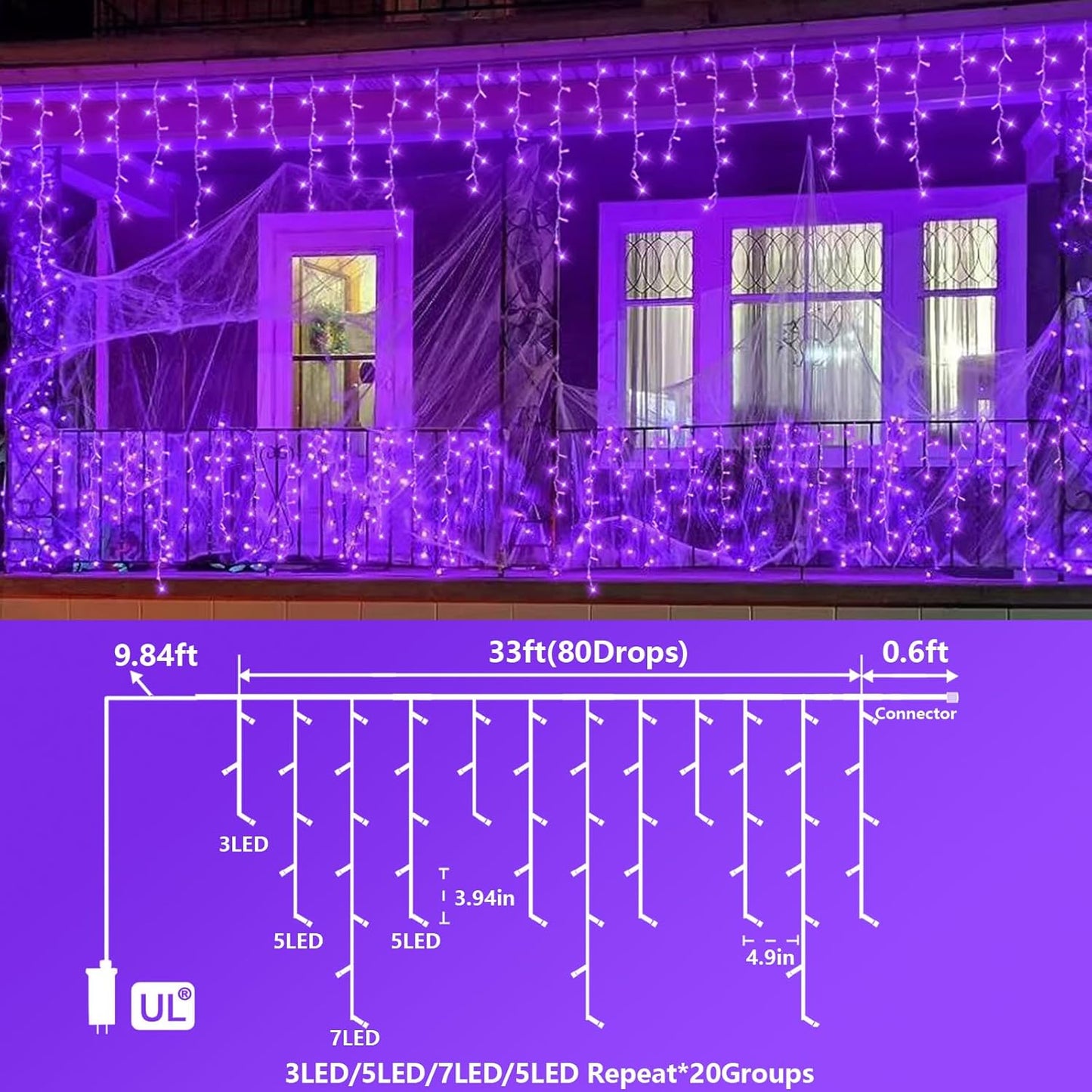 YEGUO 33ft 400 LED Purple Icicle Halloween Lights Outdoor Waterproof, 80 Drops Icicle Light Connectable, 8 Modes Icicle Christmas Lights with Memory Timer