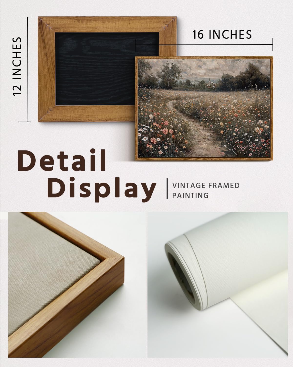 VIYYIEA Framed Canvas Wall Art Home Decor Vintage Landscape Nature Country Wildflower Paintings Farmhouse Pictures Floral Artwork Rustic Flower Prints Cottagecore Living Room Bedroom Bathroom 12x16in