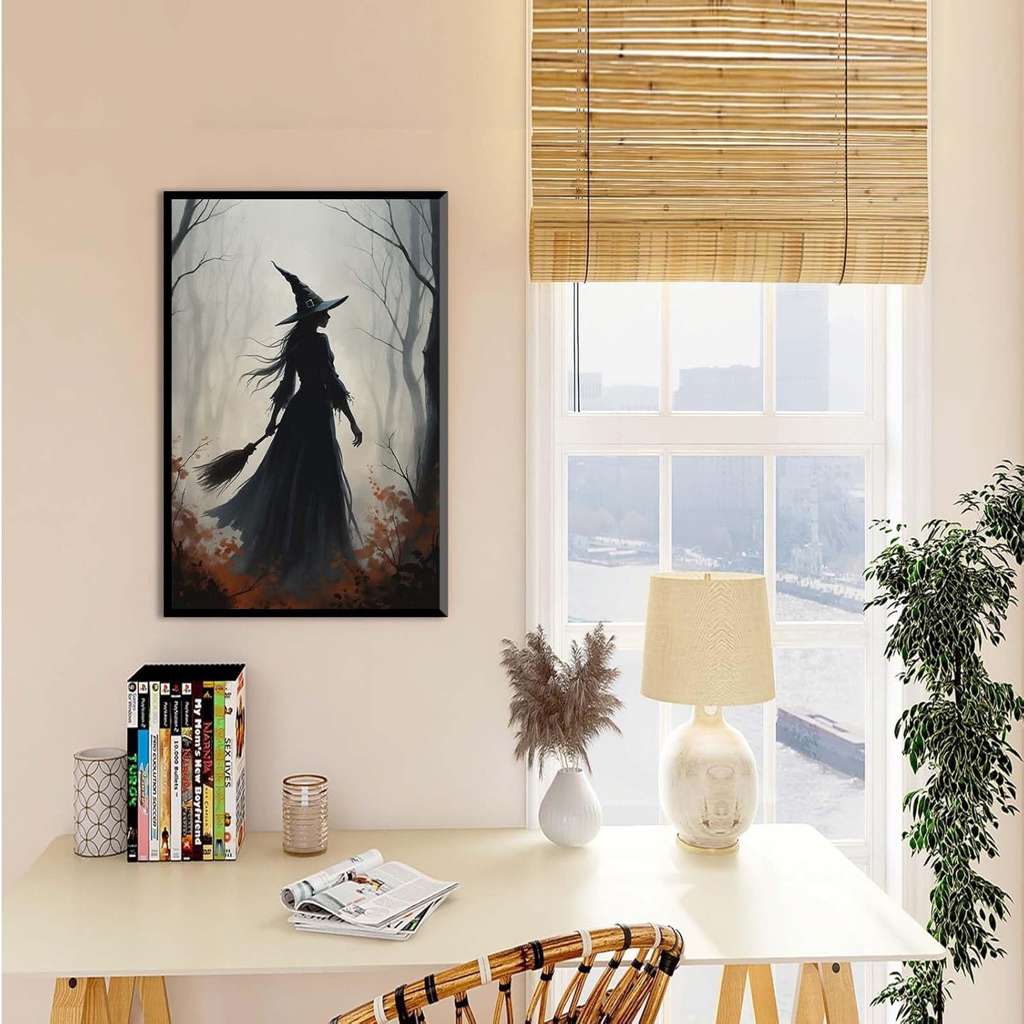 JFHCQJPK Vintage forest witch silhouette poster Halloween mural poster decoration mural art magic suitable for home living room bedroom8x12in Metal blackFramed