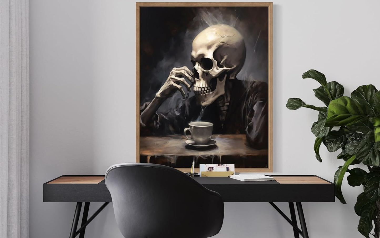 Skull Drinking Coffee Poster Art Print, Halloween Scary Vintage Wall Art Academia Spooky Painting Decoration for Horror Prints, Gothic Posters Bedroom Decor 89 (Skull Drinking Coffee, 11 x 14 inches, Wood Frame)