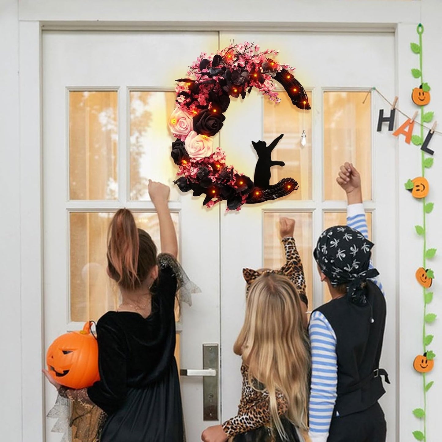 Halloween Wreaths for Front Door with Lights, Black Cat on Moon Garland with Rose Wreath Decor, Halloween Decorations Crescent Moon Wreath for Home Party Window Wall Indoor Outdoor (pink moon cat)