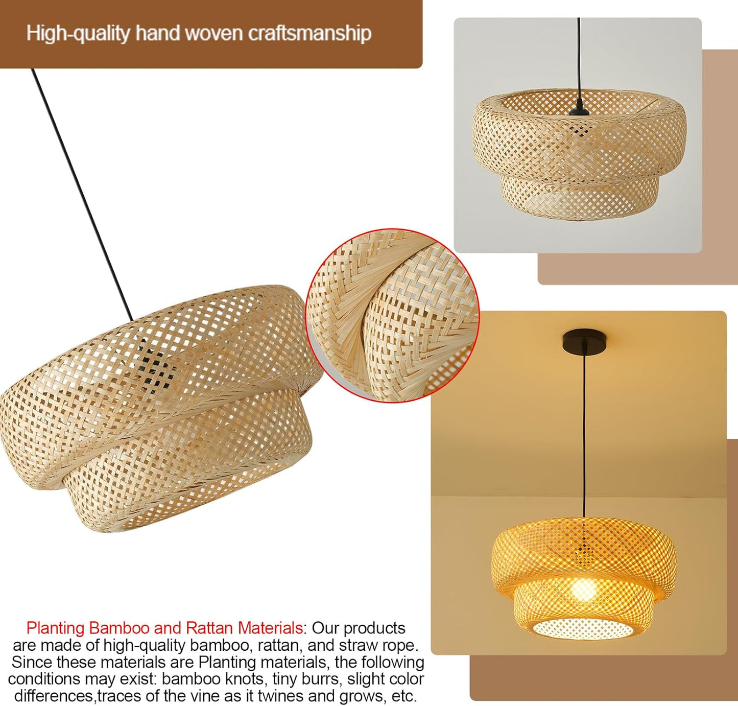 Bamboo Pendant Light,Boho Rattan Hanging Light,13.8" Hand Woven Wicker Chandelier for Kitchen Island for Kitchen Island Dining Bedroom Living Room Restaurants