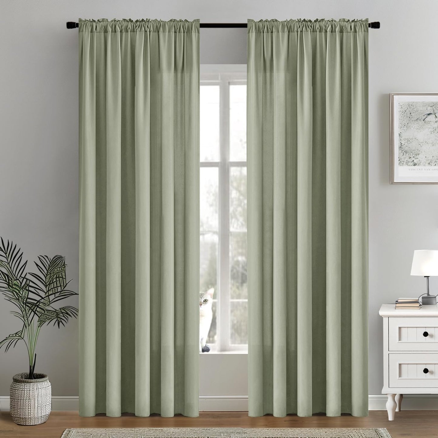 MIULEE Sage Green Privacy Sheer Curtains That Let Light in 84 Inches Long Non-See-Through Semi Sheer Curtain Light Filtering Window Curtains Drapes for Living Room Bedroom 2 Panels Set 42 X 84