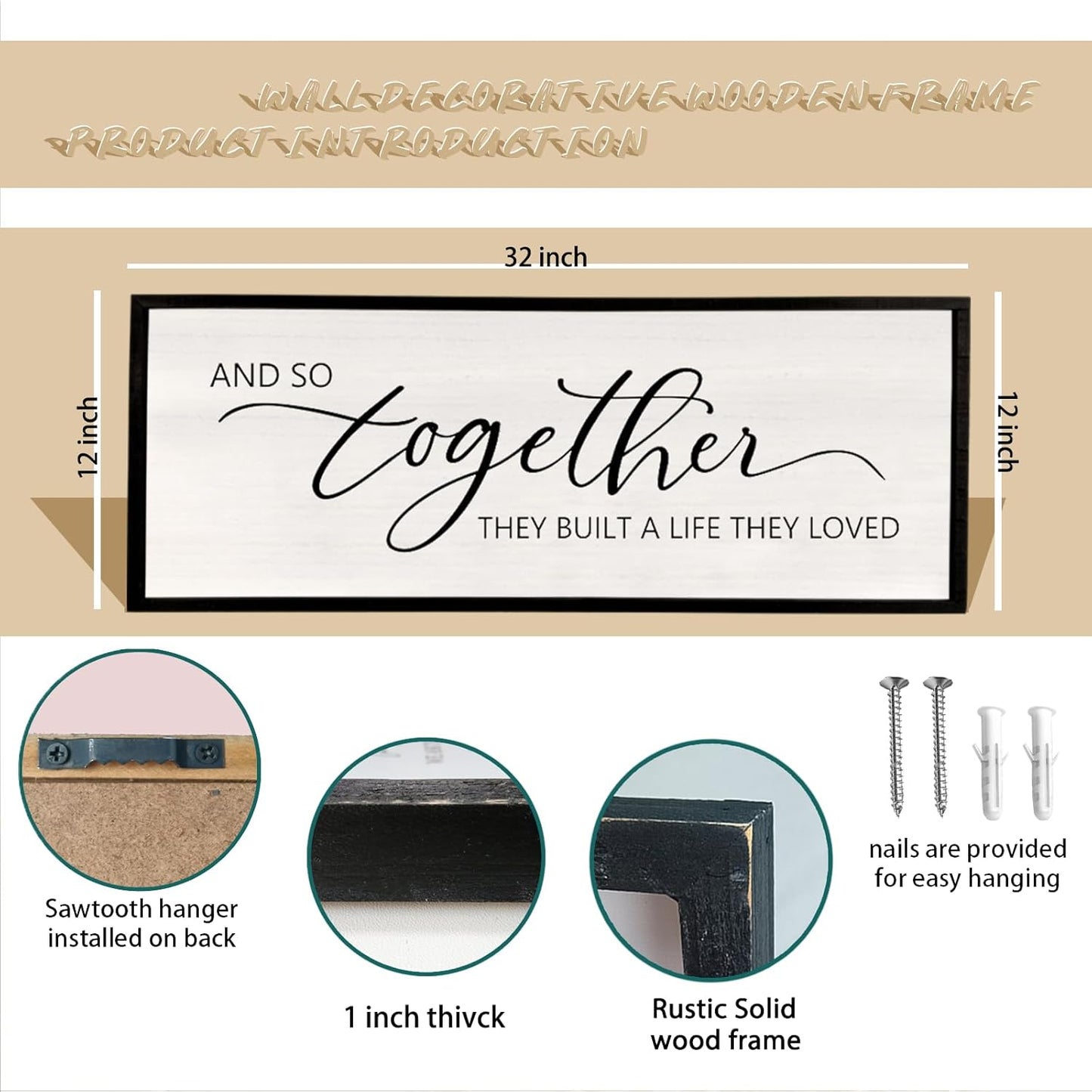 And So Together They Built A Life They Loved Framed Wood Farmhouse Sign - 32'X12' Master Bedroom Above Bed Wall Art for Love Sign Decor (Black)