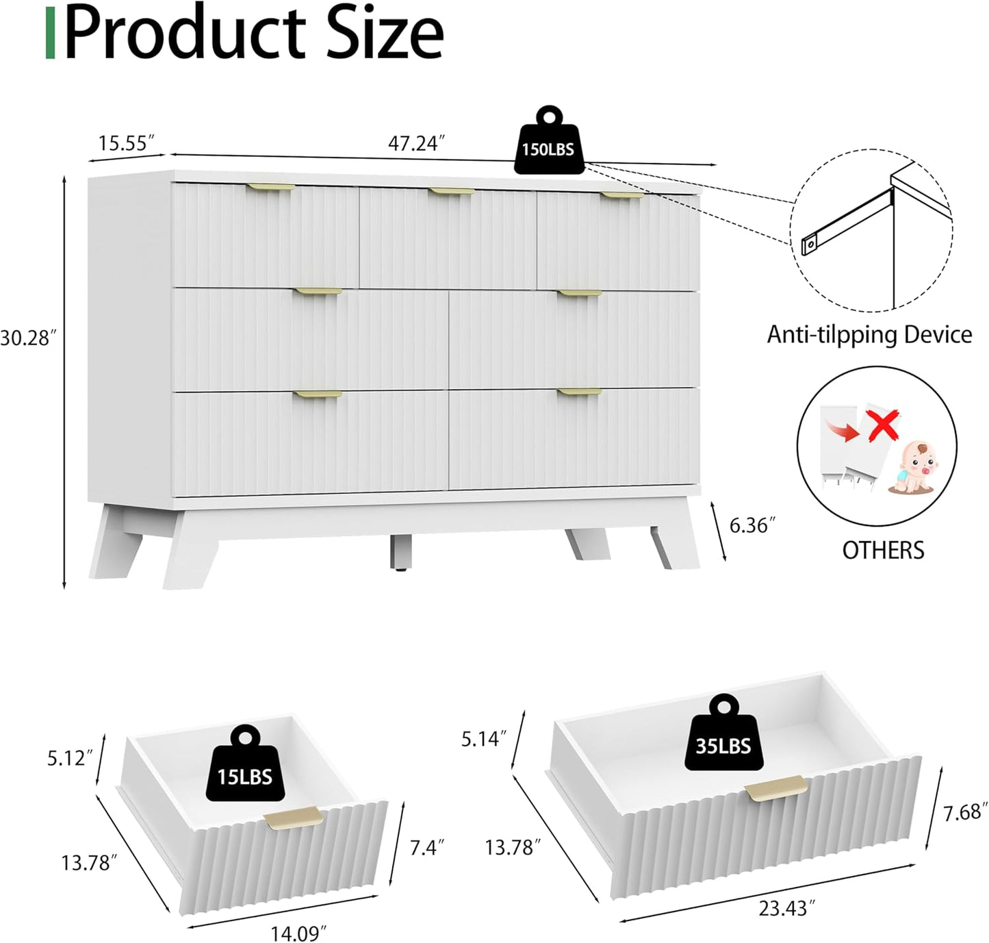 Fluted Dresser for Bedroom with 7 Drawers, 48" Wide Modern Chest of Drawers with Metal Handle, Wooden Dresser TV Stand, Wood Closet Clothes Storage Organizer for Living Room, Hallway, White