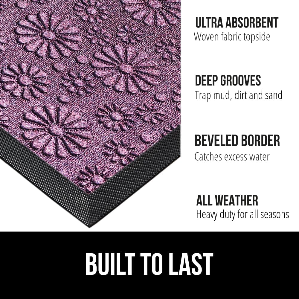 GORILLA GRIP 100% Waterproof All-Season WeatherMax Doormat, 23x35, Durable Natural Rubber, Stain and Fade Resistant, Low Profile, Indoor Outdoor Doormats, Easy Clean Entry Mat, Purple Confetti Daisy