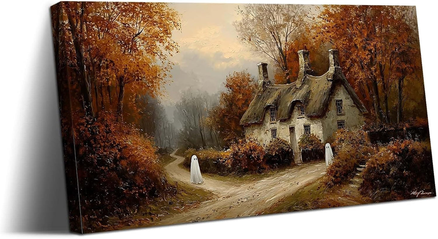 Laoife Halloween Canvas Wall Art, Vintage Spooky Farmhouse Autumn Rustic Landscape Wall Decoration, Ghost on Rural Roads for Living Room Bedroom Home Decor (Ghost 1)