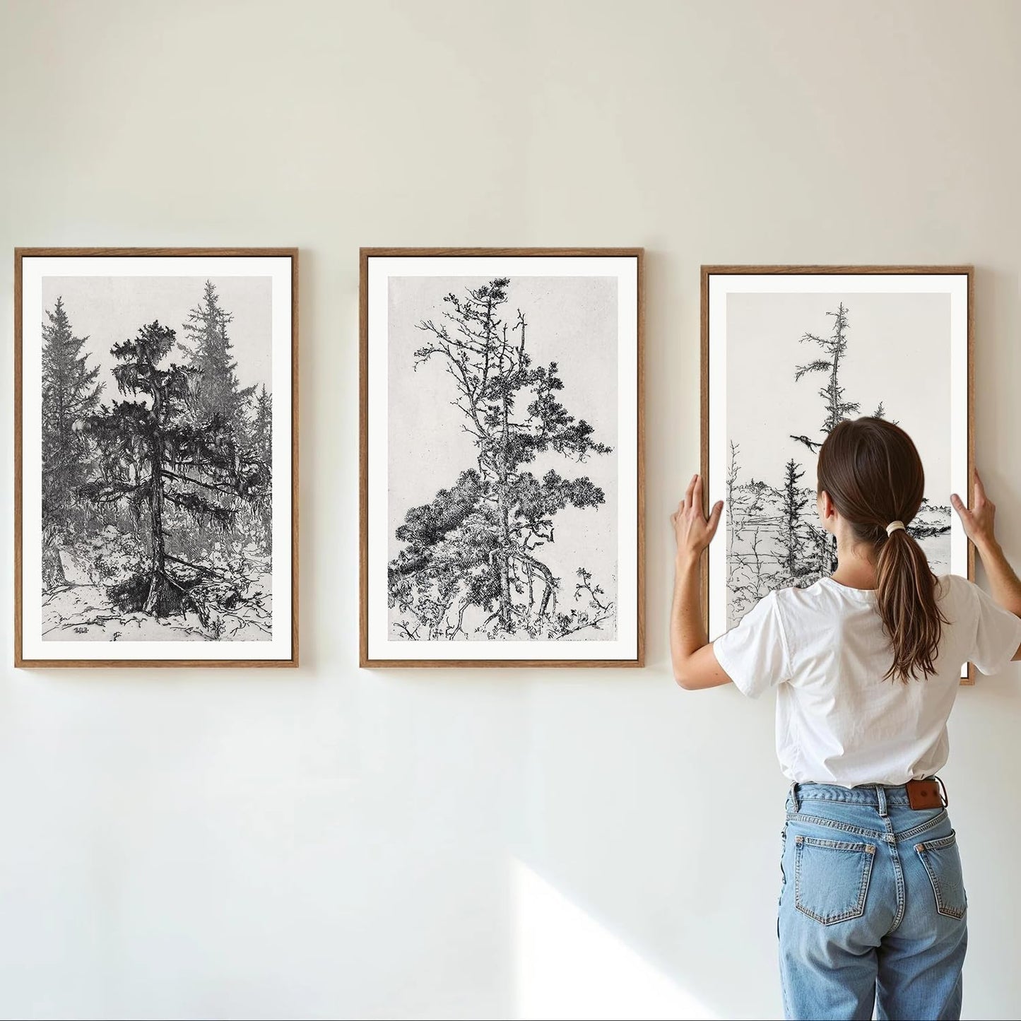 SIGNINART Vintage Tree Framed Wall Art Set , Black and White Antique Sketchbook Forest Painting, Wilderness Illustration Art Print , Retro Pine Tree Landscape Drawing Wall Decor for Living Room, Bedroom, Office (16"x24"x3)