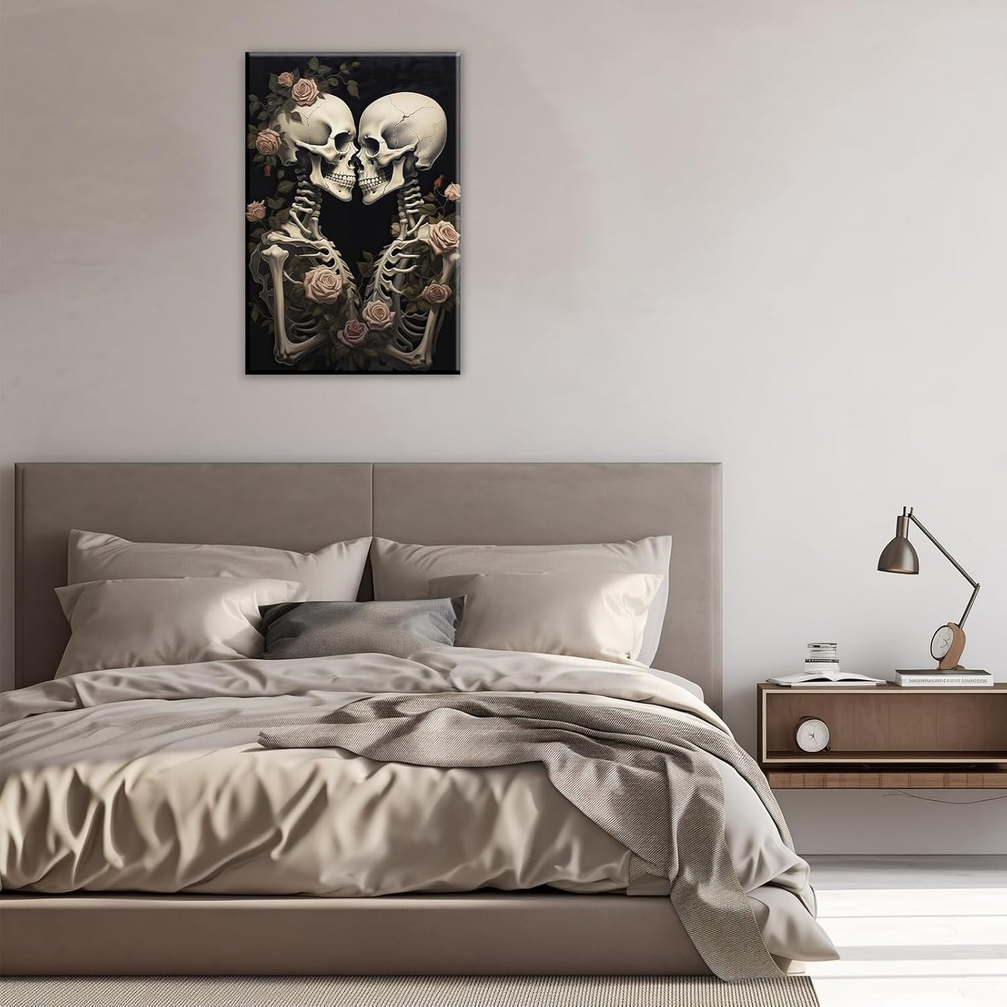 OAAPITI Vintage Skeleton Canvas Wall Art Gothic Painting Artwork Retro Rose Skull Art Poster Abstract Romantic Theme Picture Halloween Living Room Decor(Artwork-4,12"x18")