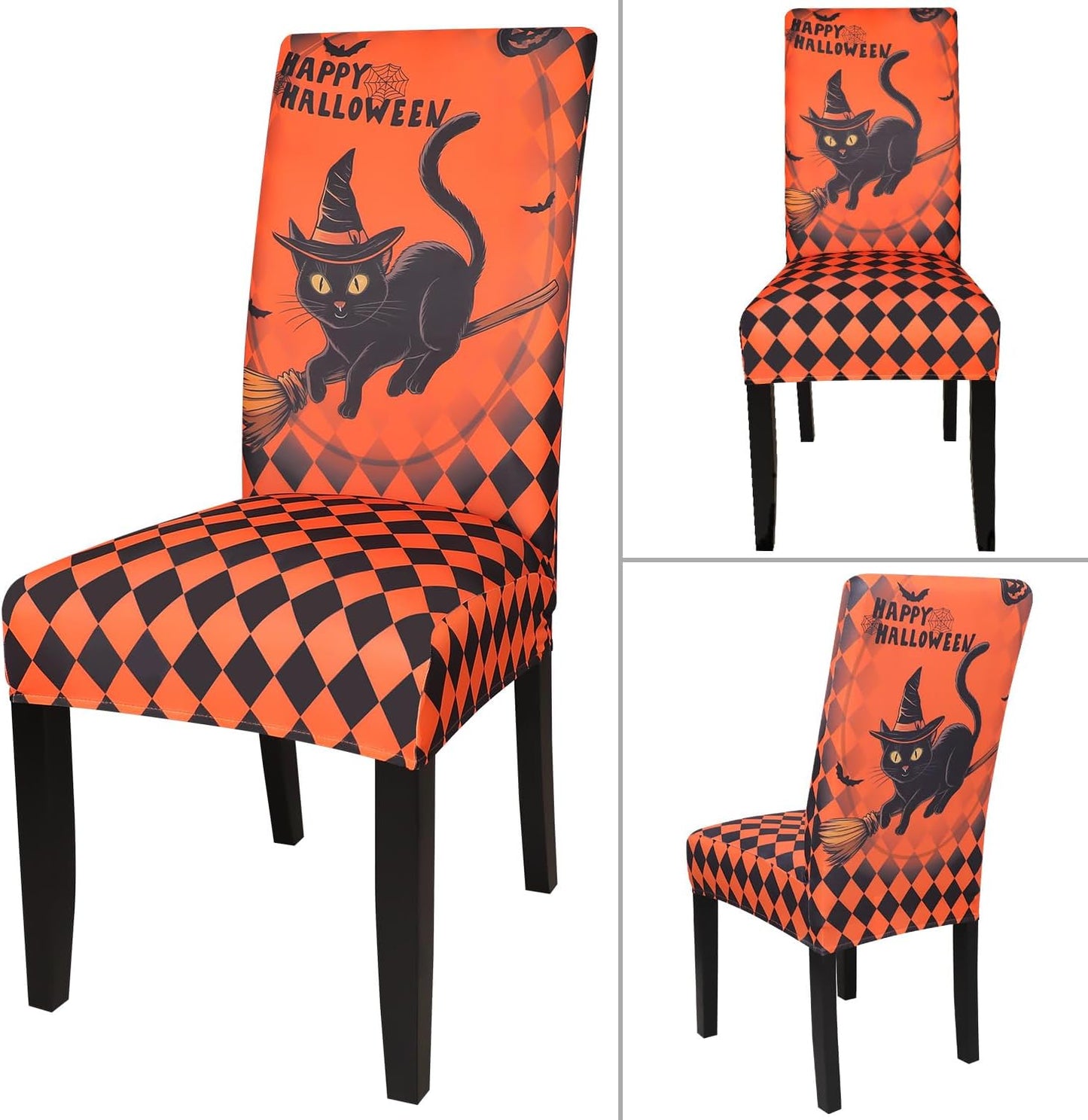 JQinHome Orange Halloween Chair Slipcover,Cat Chair Covers Set of 6, High Stretch Washable Chair Protector Cover for Dining Room, Kitchen,Home Party,Wedding Ceremony(Cat Orange,6PC)