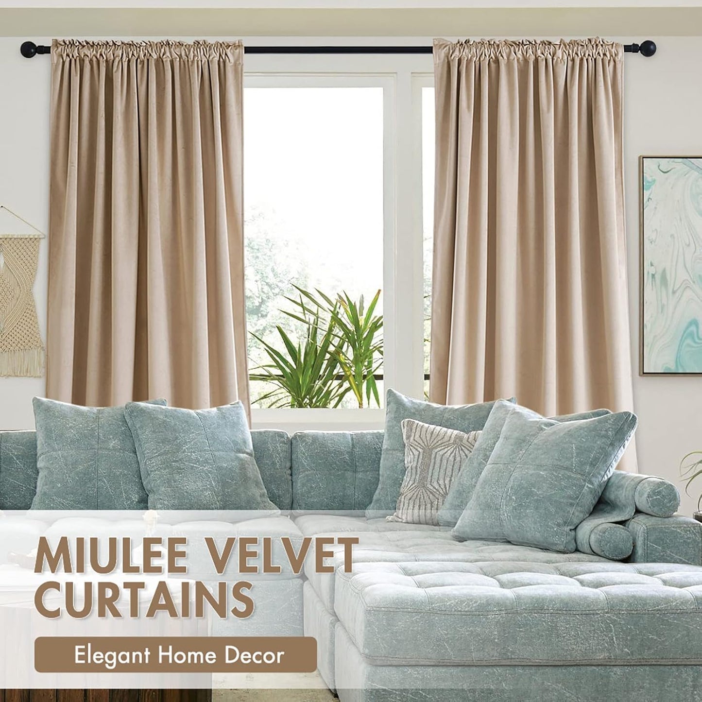 MIULEE Camel Beige Velvet Curtains Thermal Insulated Blackout Curtain Drapes for Bedroom Living Room Darkening 96 Inches Long Curtains Panels Rod Pocket Set of 2