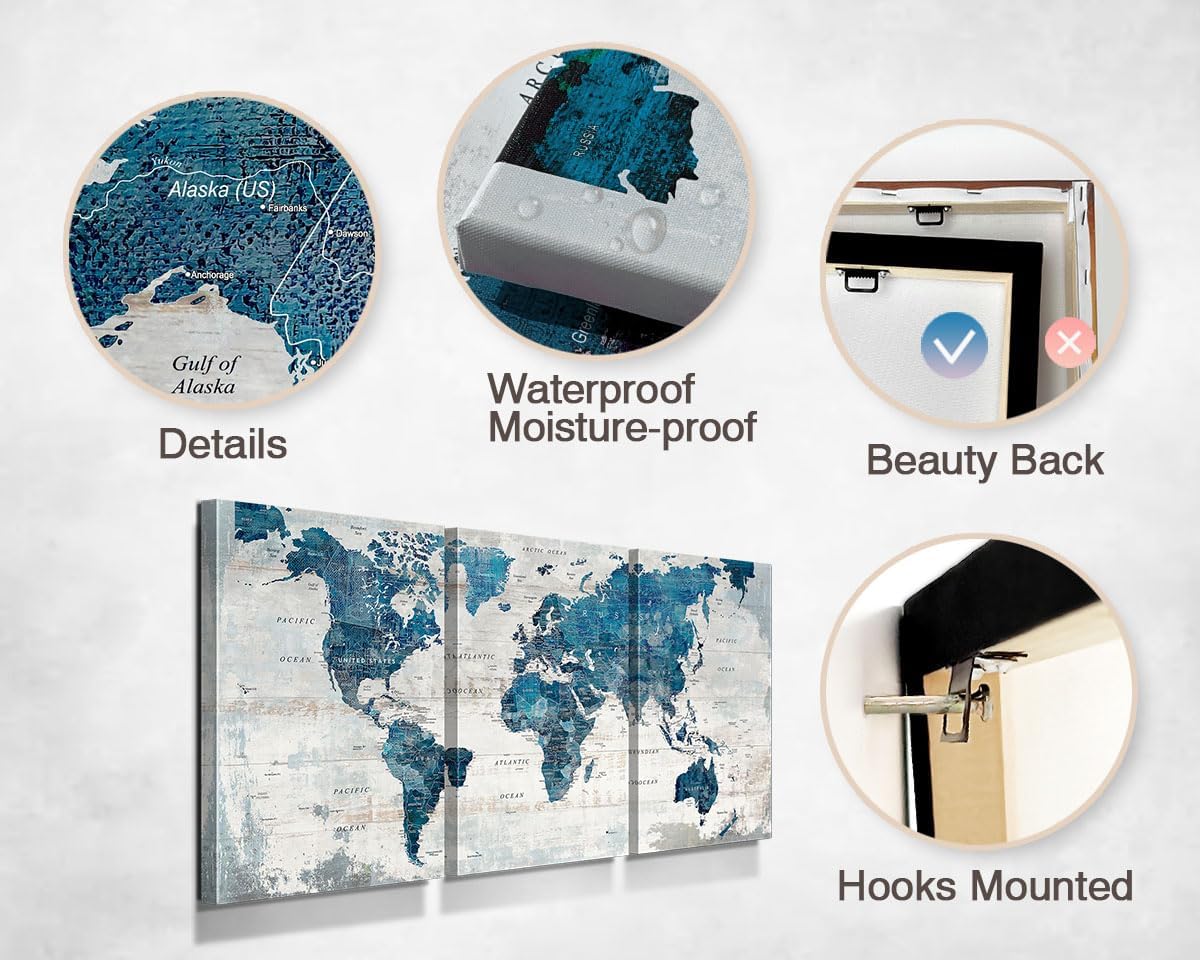 Large Wall Art Canvas Wall Decor Living Room Vintage Giant Blue Map Pictures Office Decorations Rustic Decor Travel Paintings Oversized