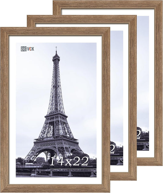 VCK 14x22 Picture Frame 3 Pack - Brown Walnut, Natural Textured Solid Wood Frame, Wall Gallery Frame