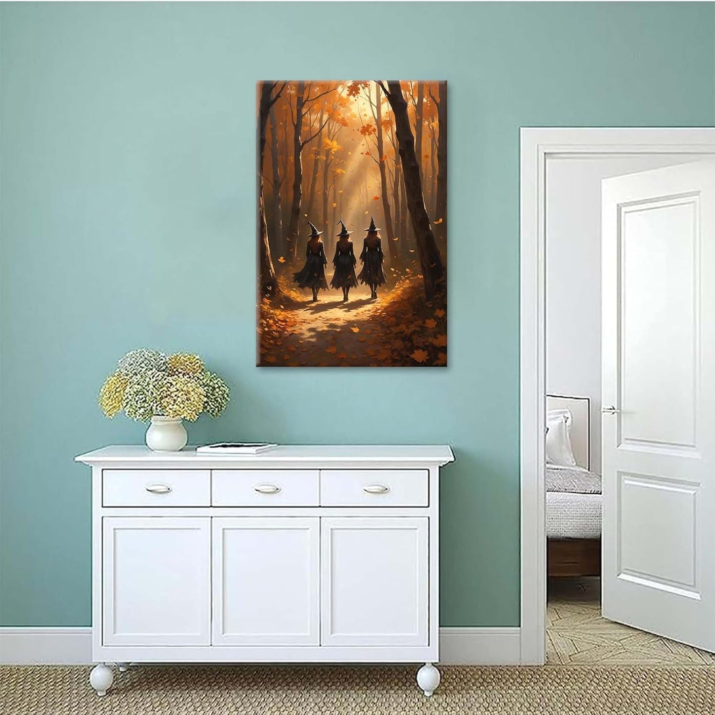 JFHCQJPK Three witches walking in the forest in autumn canvas painting gothic poster halloween print country witch wall art for home decoration28x40in Frameless
