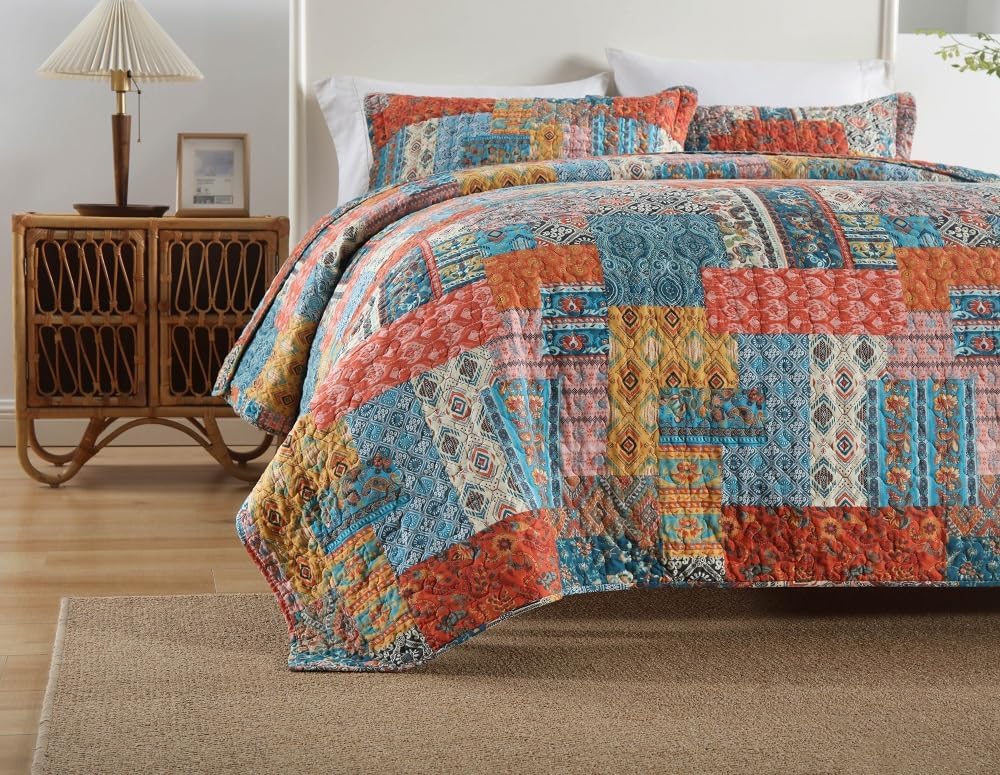 Cotton Bedspread Quilt Sets Reversible Coverlet Sets Comforters Vintage Bohemian Patchwork Bedspread,Orange,King Size