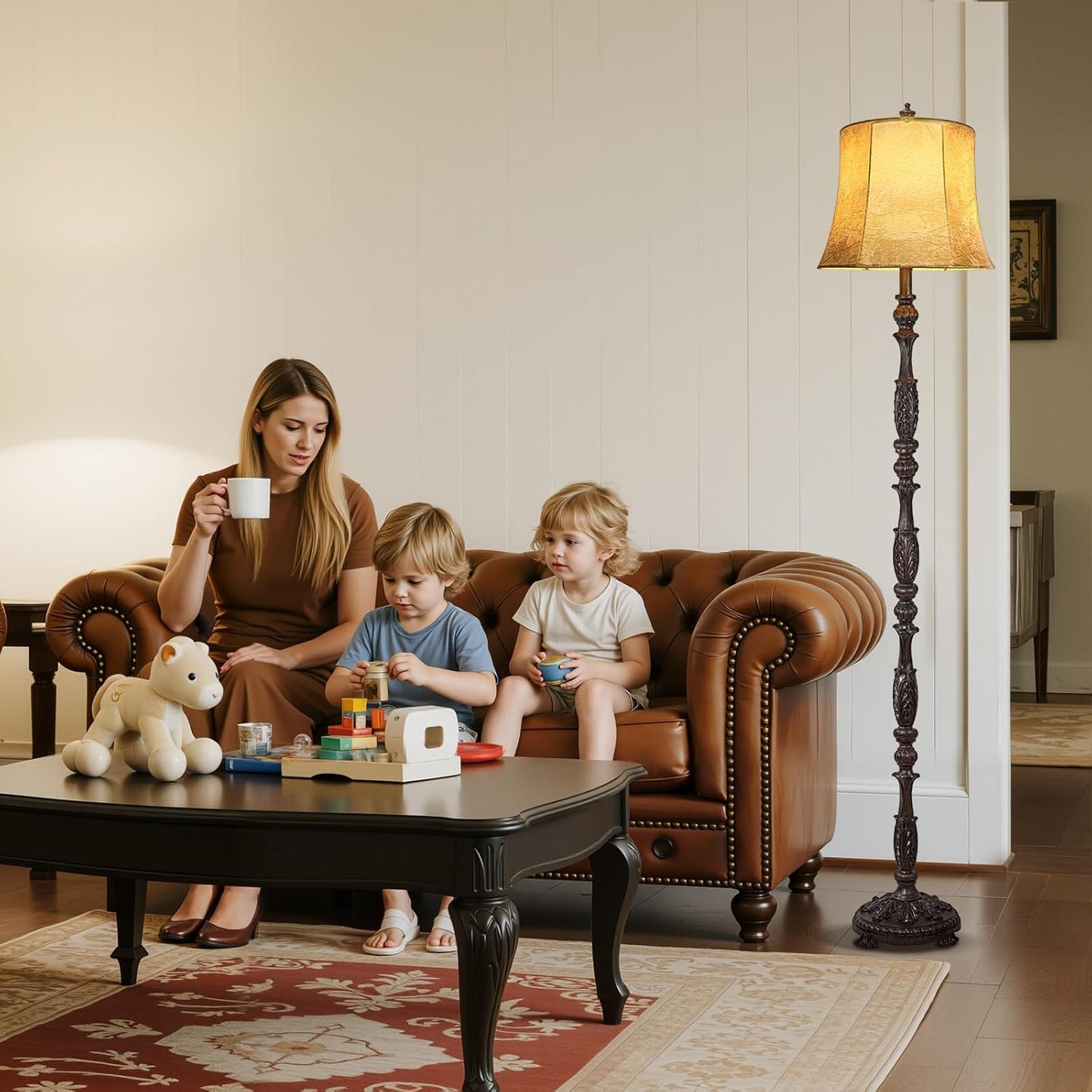 Scenekoy Vintage 66” Tall Floor Lamp for Living Room Bedroom, Retro Resin Carved Standing Lamp with Faux Leather Shade, 3-Way Dimmable Bulb, Rotary Switch Rustic Corner Light for Home Decor