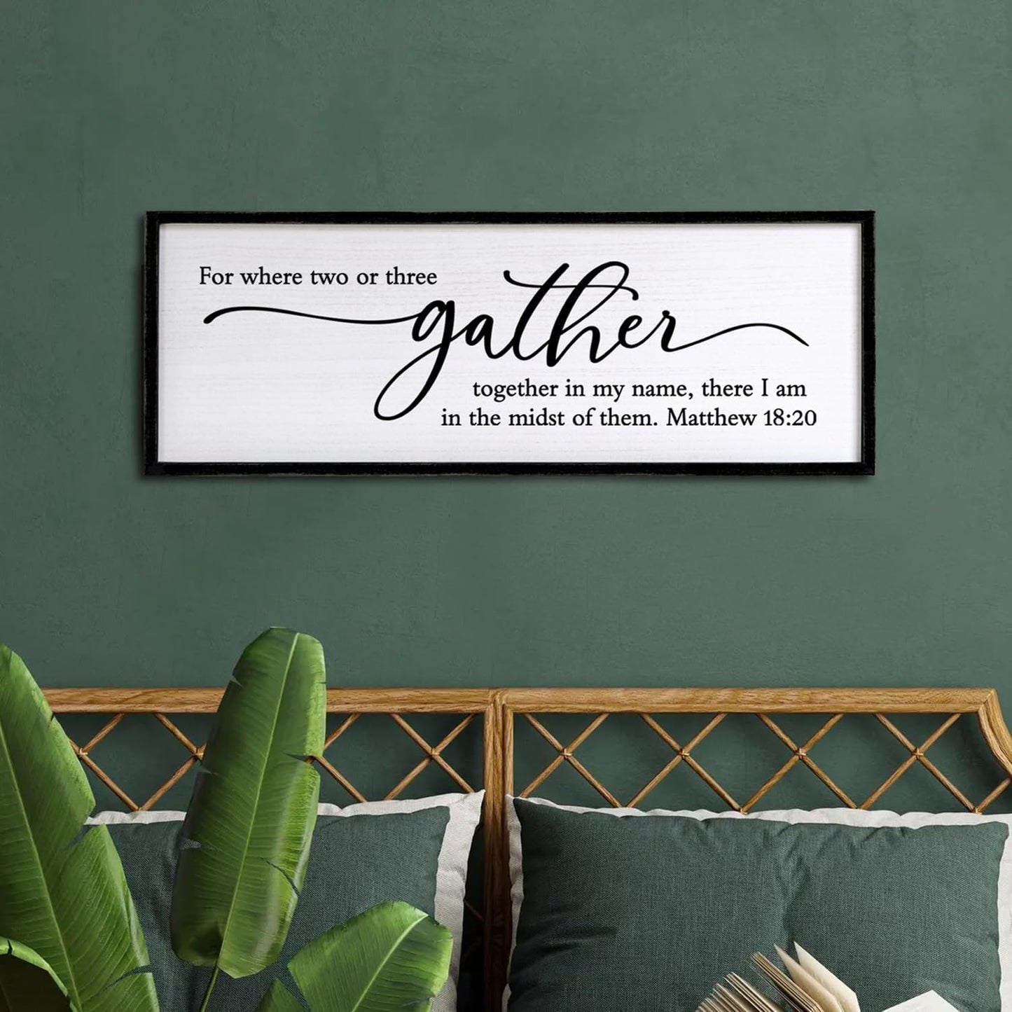 For Where Two Or Three Gather Sign Dining Room kitchen Wall Decor Bible Verse Scripture Matthew 18:20 Wooden Frame 32X12 Inch for Christian Family Hanging Art (Black)