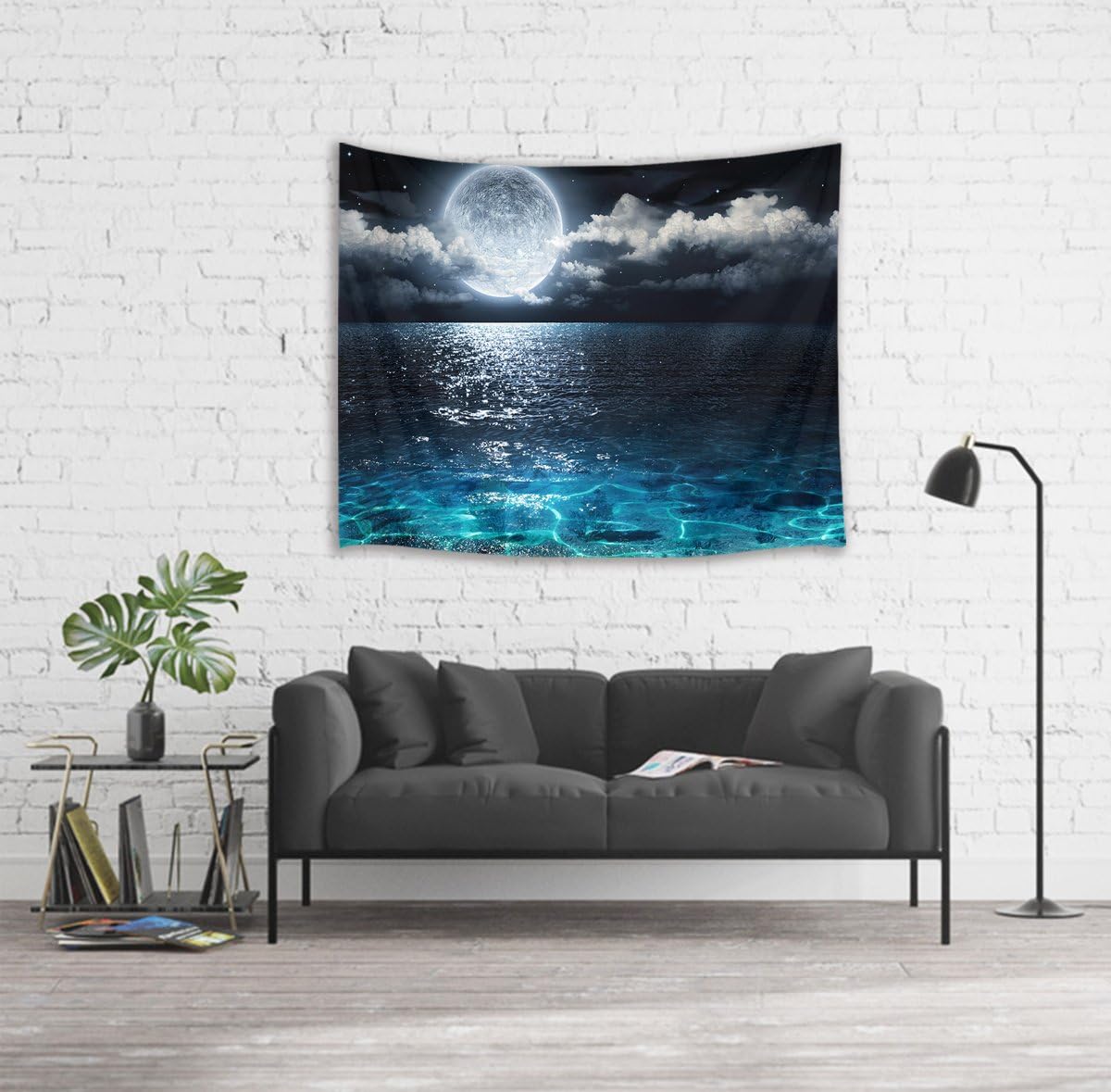 LB Blue Ocean Moon Tapestry White Cloud and Full Moon Over Ocean Tapestry Wall Hanging Fantasy Night Sky Wall Art for Bedroom Living Room Dorm Wall Decor,80 x 60 Inches