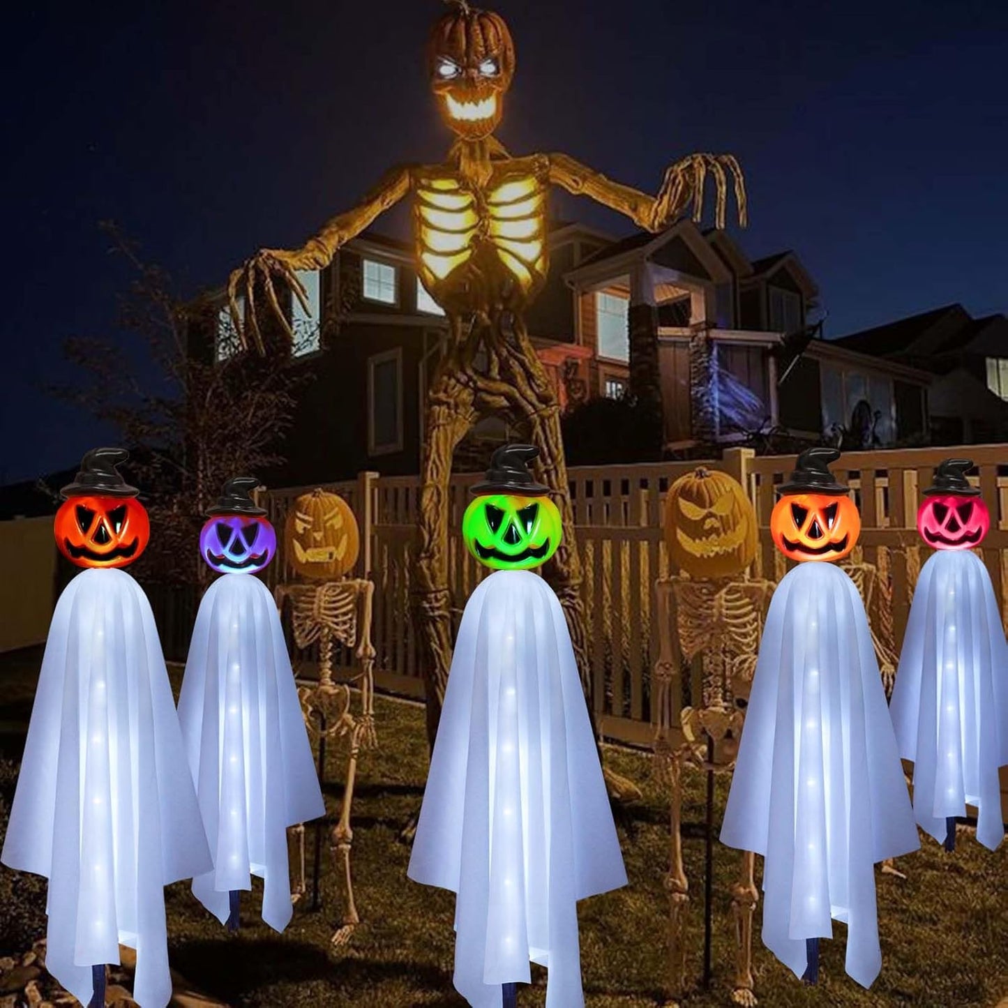 Upgraded Pumpkin Ghosts Halloween Decorations Outdoor, 4 Pack Waterproof Solar Ghosts Garden Stake Lights for Front Yard Patio Lawn Pathway Halloween Party Decorations