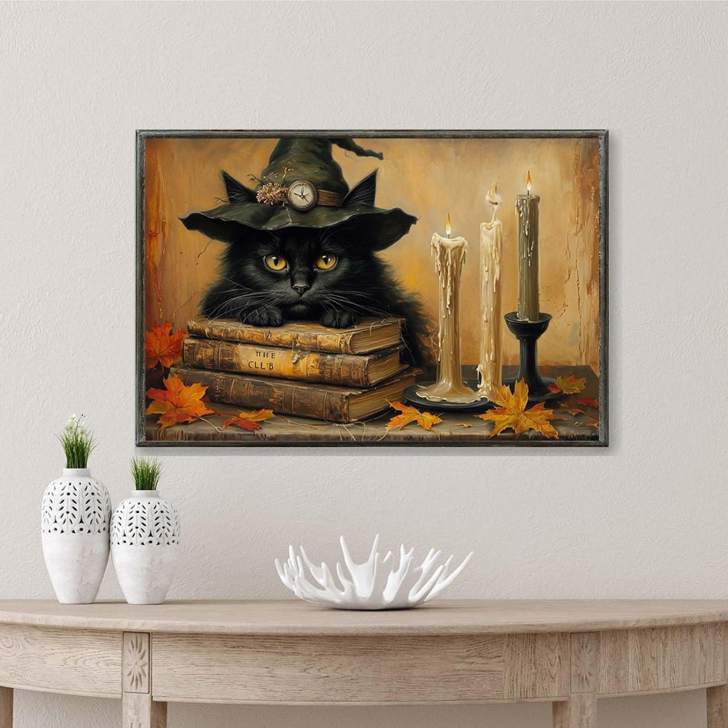 JFHCQJPK Vintage Halloween wall decoration black cat and magic book suitable for home bedroom living room decoration dark classic art witch wall decoration12x16in Metal blackFramed
