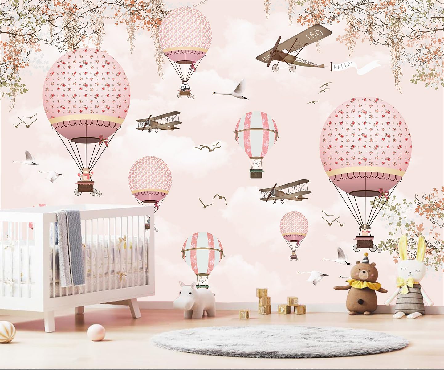 WFBHUA-Hot Air Balloon Wallpaper Mural Cute Animals Airplanes Pink Wallpaper for Nursery Wall Decoration Girls Bedroom Baby Room Kids Room (Not Peel and Stick)