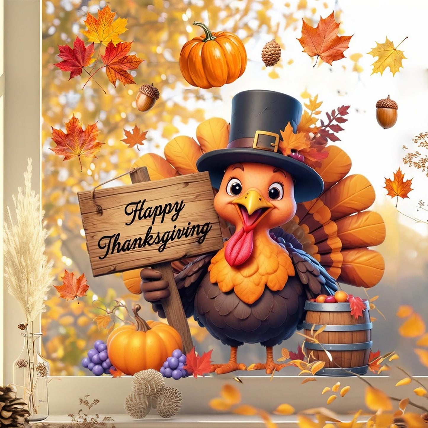 Fall Window Clings for Glass Thanksgiving Static Cling Window Decals 1PCS Turkey Pumpkin Maple Leaves Autumn Reusable Window Stickers Home School Office Decorations