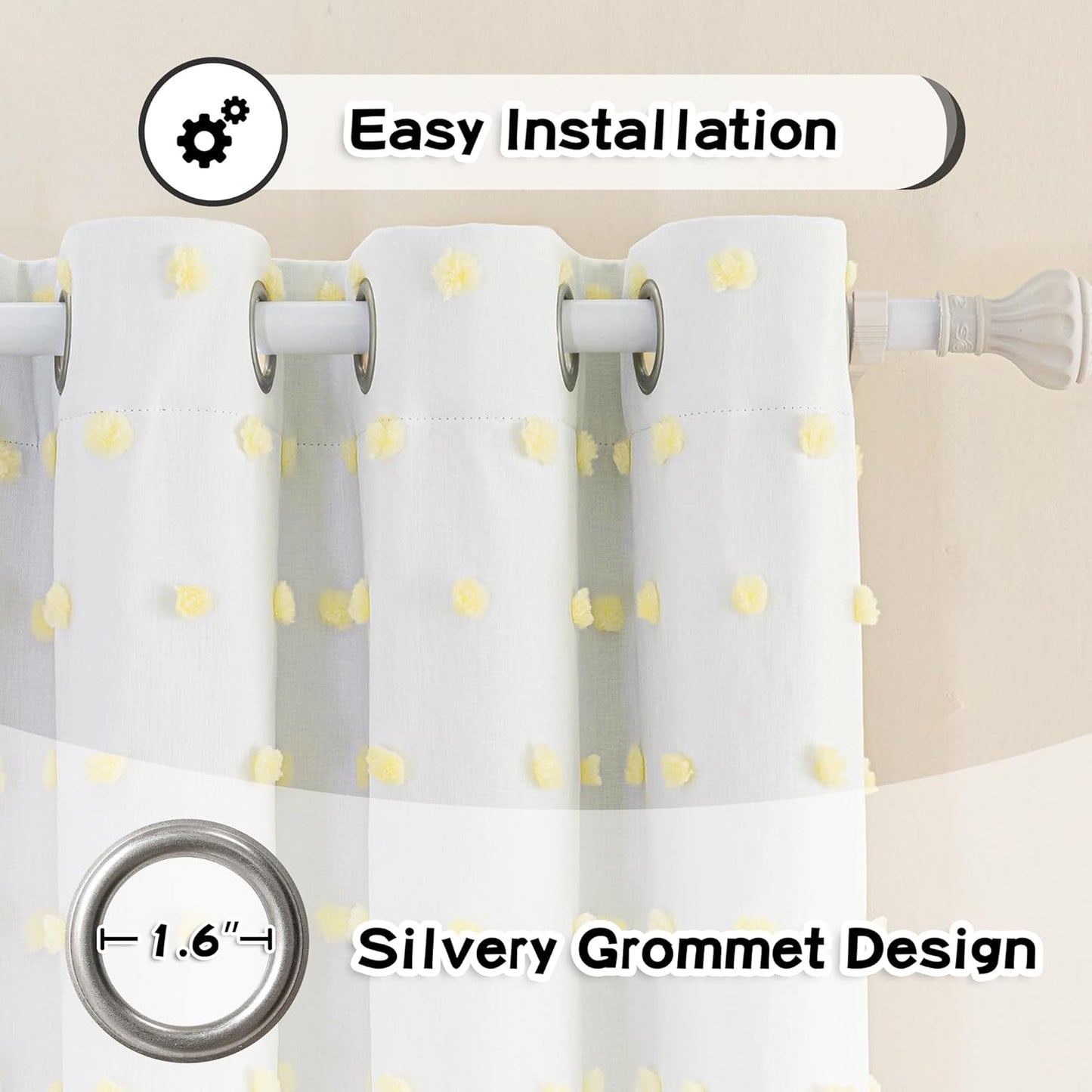 MYSKY HOME 100% Blackout Curtains for Kids Bedroom Thermal Insulated 95 Inch Length Nursery Curtains 2 Panels Grommet Light Filtering Yellow Pom Pom Sheer Drapes Double Layers Dining Room, 52W x 95L