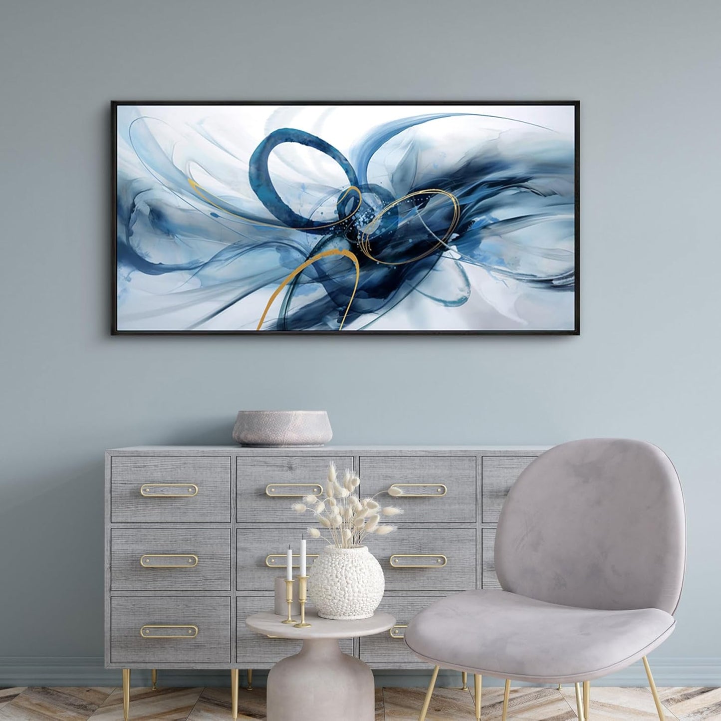 XLSJERST Frame Wall Art - Blue and White Picture for Living Room Modern Abstract Canvas Wall Decor Artwork for Office Bedroom Home Decoration