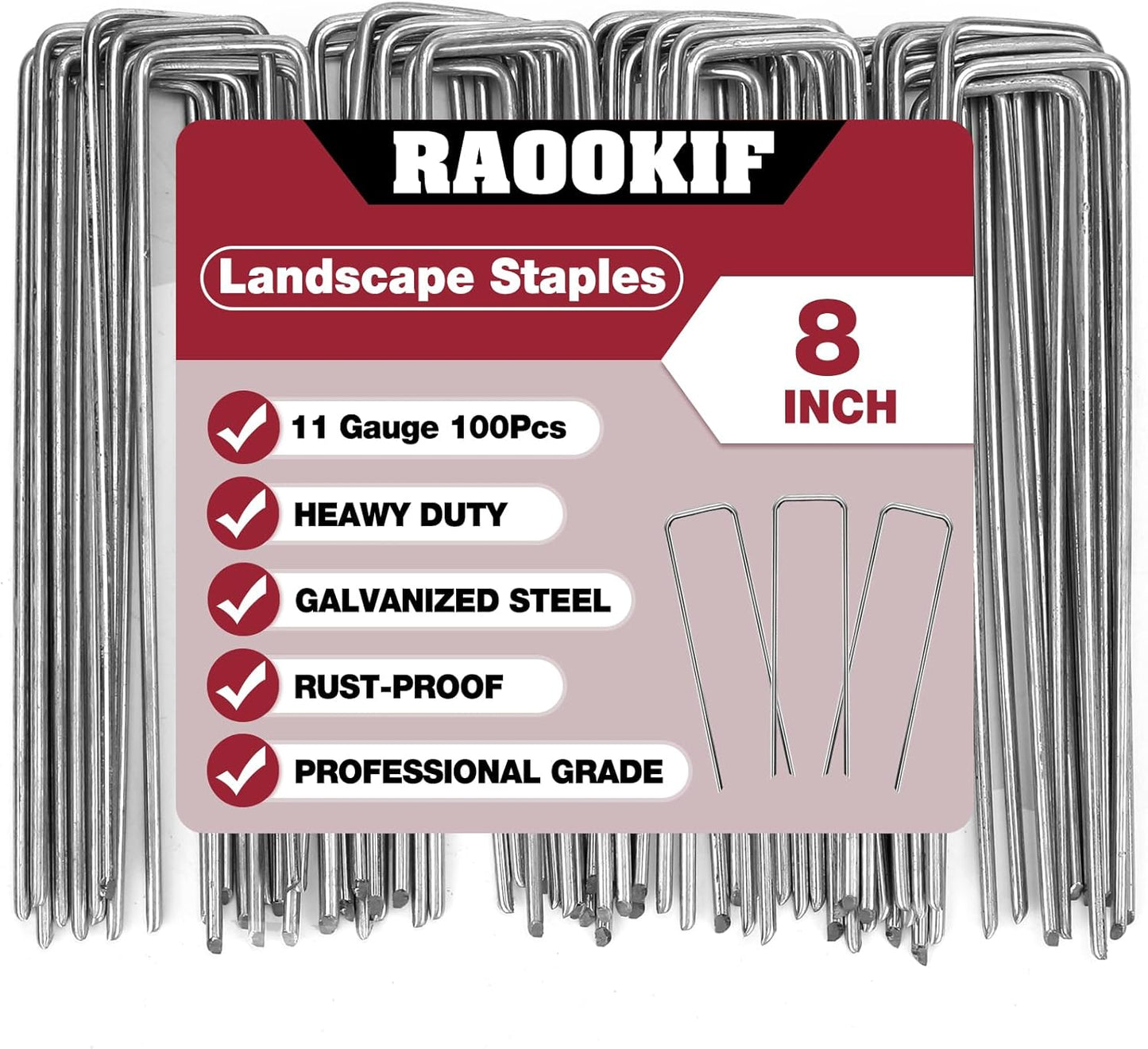 RAOOKIF 8 Inch Galvanized Garden Landscape Staples, 20/50/100/200Pcs Garden Metal Stakes, 11 Gauge Heavy Duty Ground Stakes for Decoration, Fence, Lawn, Fabric Pins