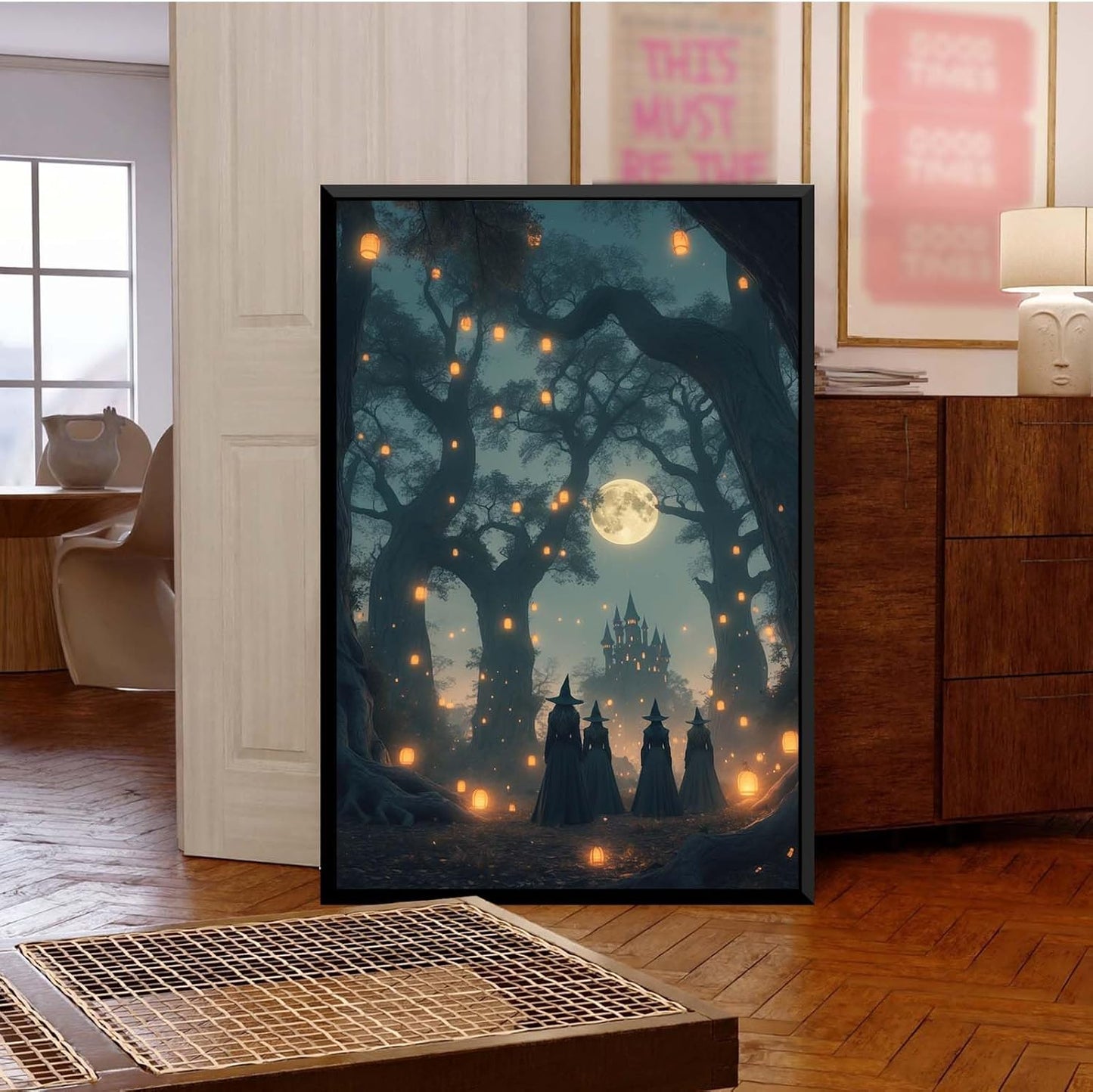 JFHCQJPK Mysterious creek painting witch and castle in magic forest art print canvas gothic print dark college decoration poster for home bedroom12x16in Metal blackFramed