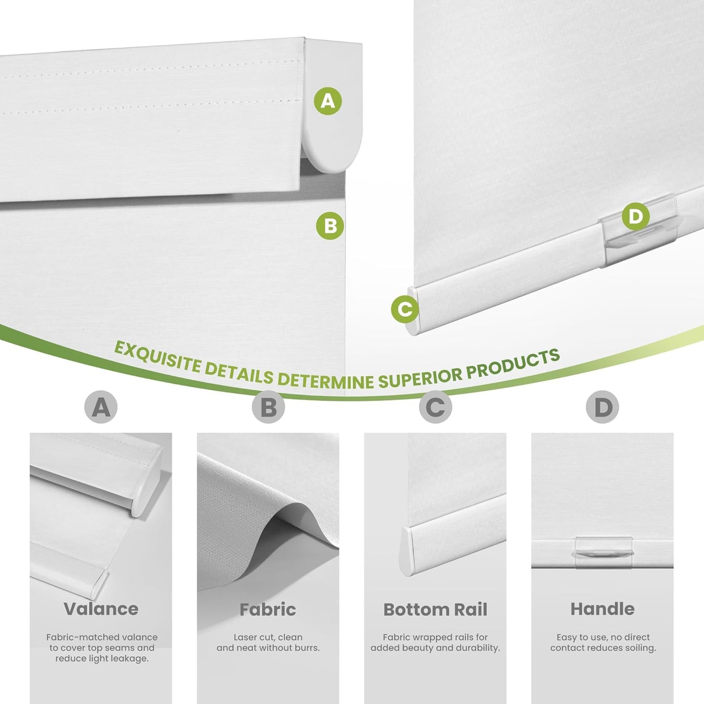 Blackout Roller Shades for Indoor Windows, Cordless Jacquard Fabric-Matched Roller Blinds, Easy to Install Privacy UV Protection Roll Up Blinds for Home Office, Pure White, Custom Size